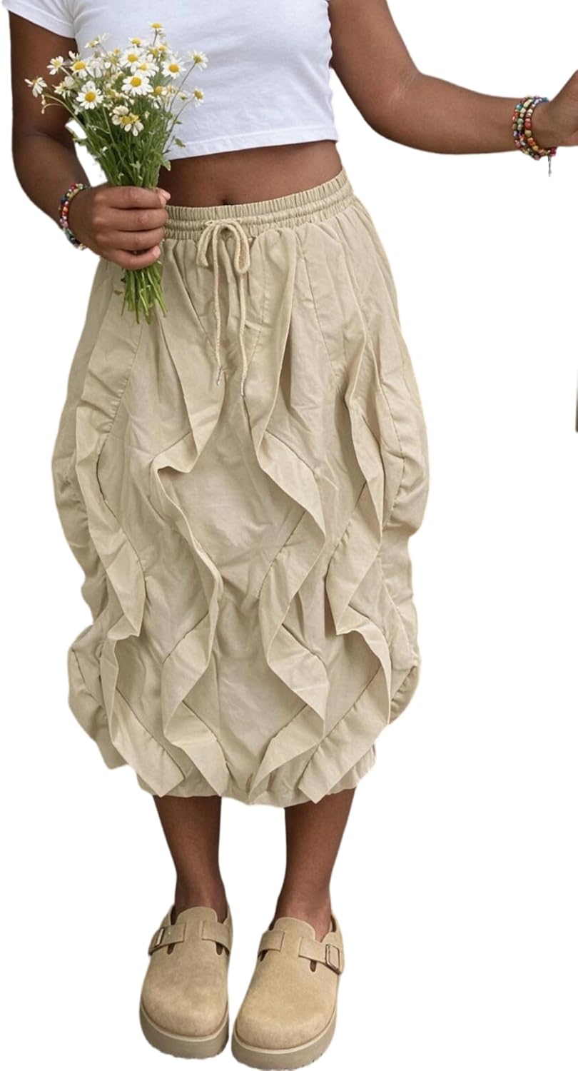 LROSEY Women Ruffle Cargo Skirt Y2k Novelty Drawstring Pleated Midi Skirts