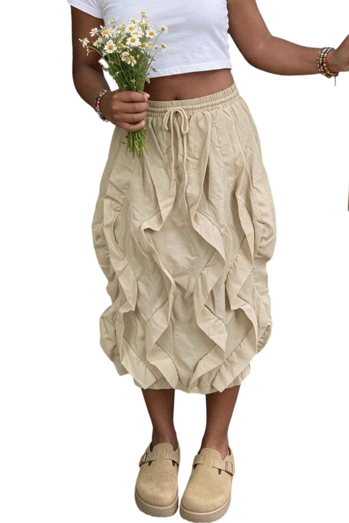 LROSEY Women Ruffle Cargo Skirt Y2k Novelty Drawstring Pleated Midi Skirts