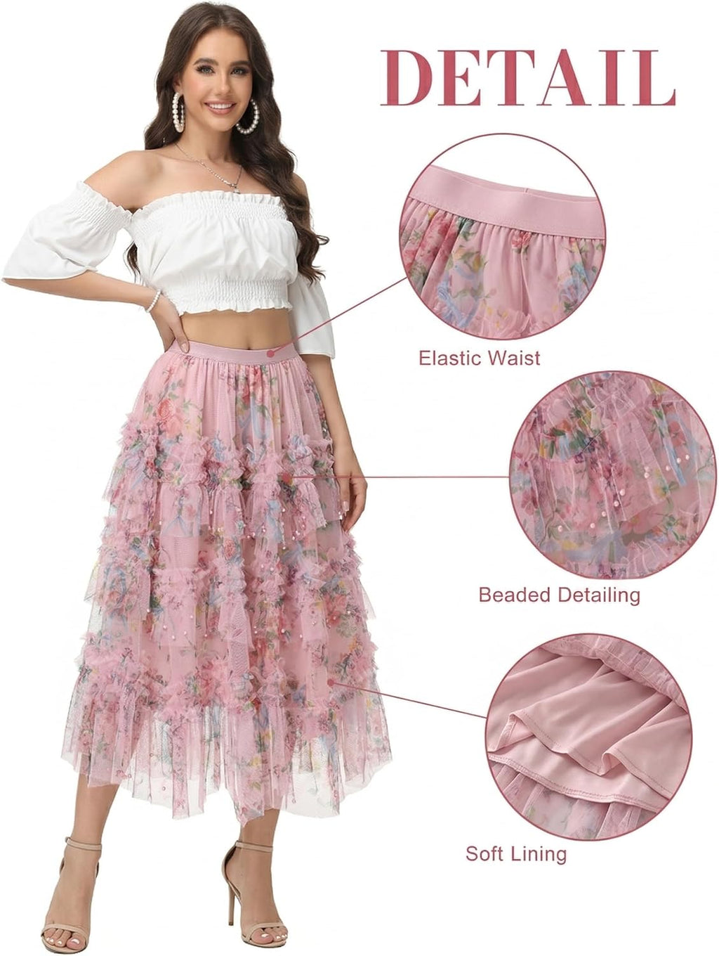 Sparkly Tulle Skirt for Women Floral Beaded Tiered Midi Length High Waist A Line Fairy Cake Party Skirt