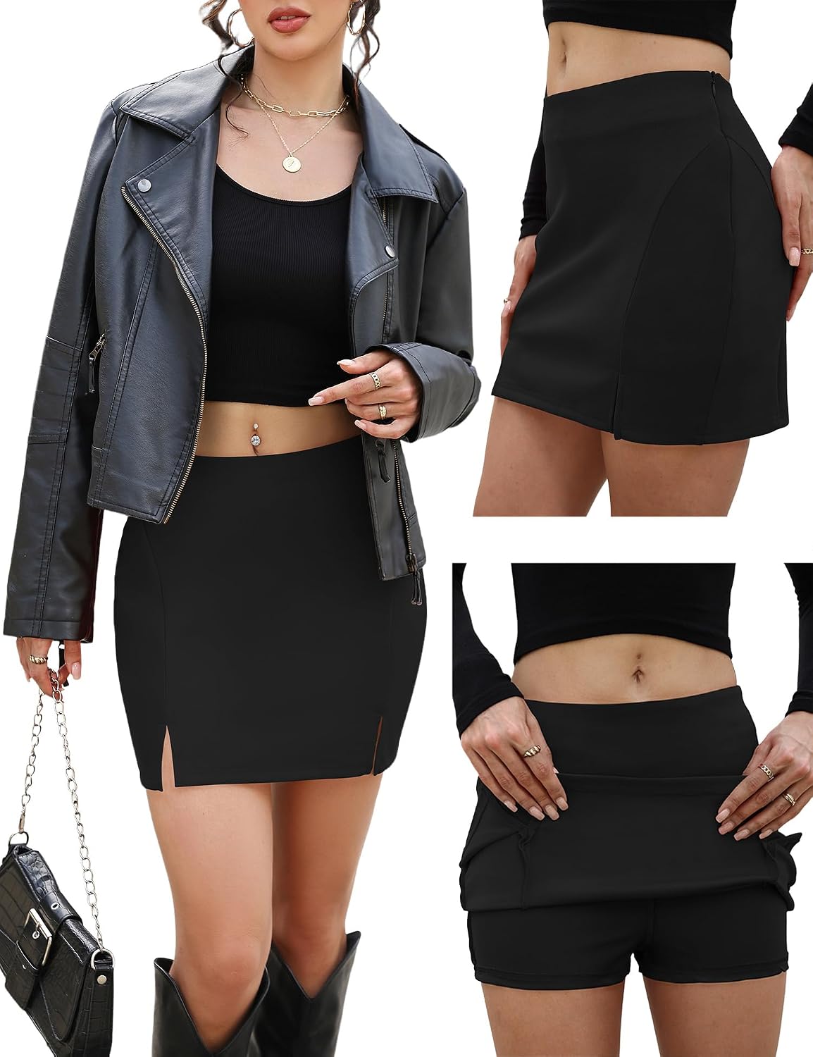 Rapbin Women High Waist Slit Bodycon Mini Skirt with Built-in Shorts