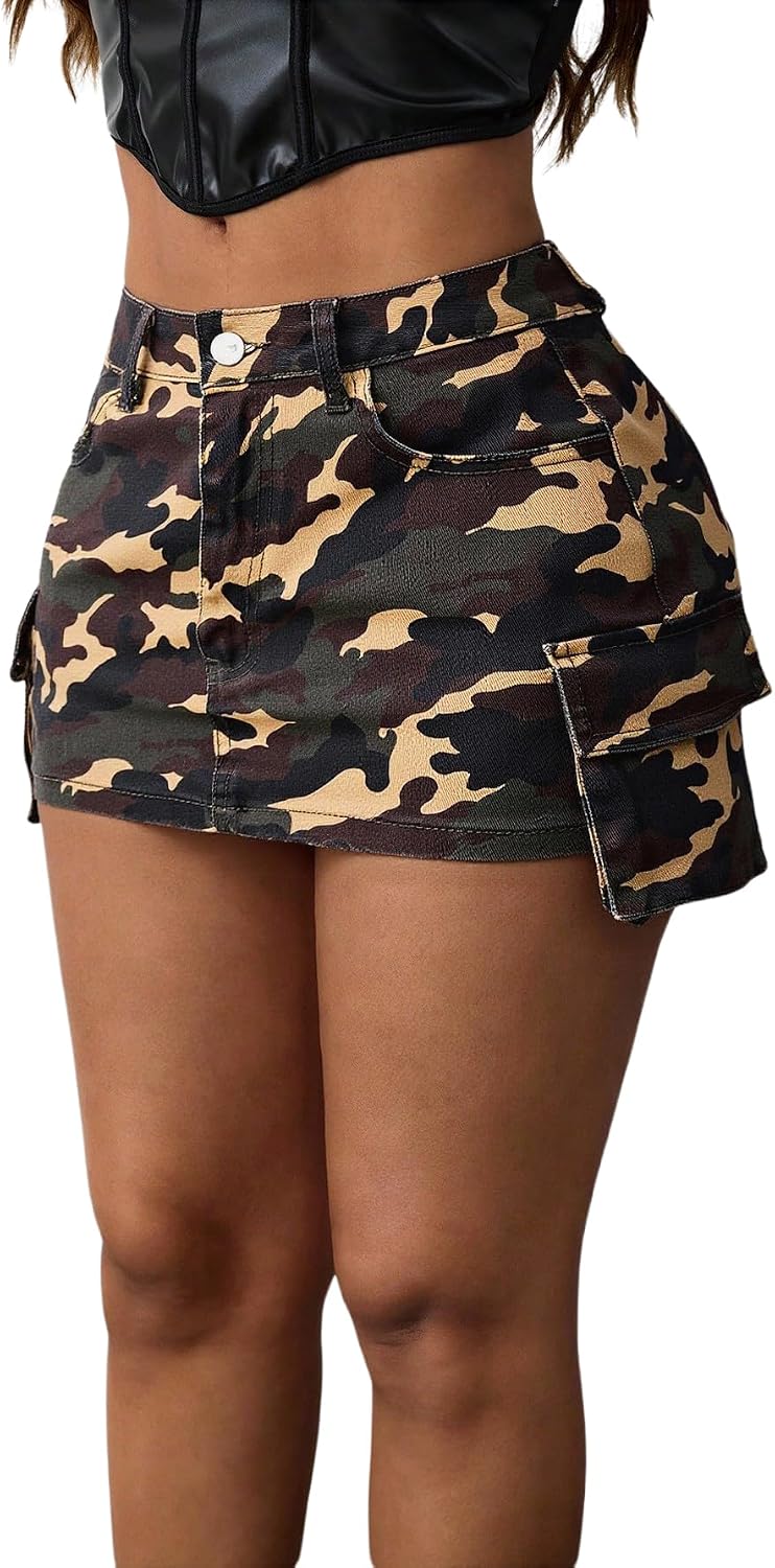 WDIRARA Women's Y2k Camo Print Mini Cargo Skirt Low Rise Bodycon Skirts