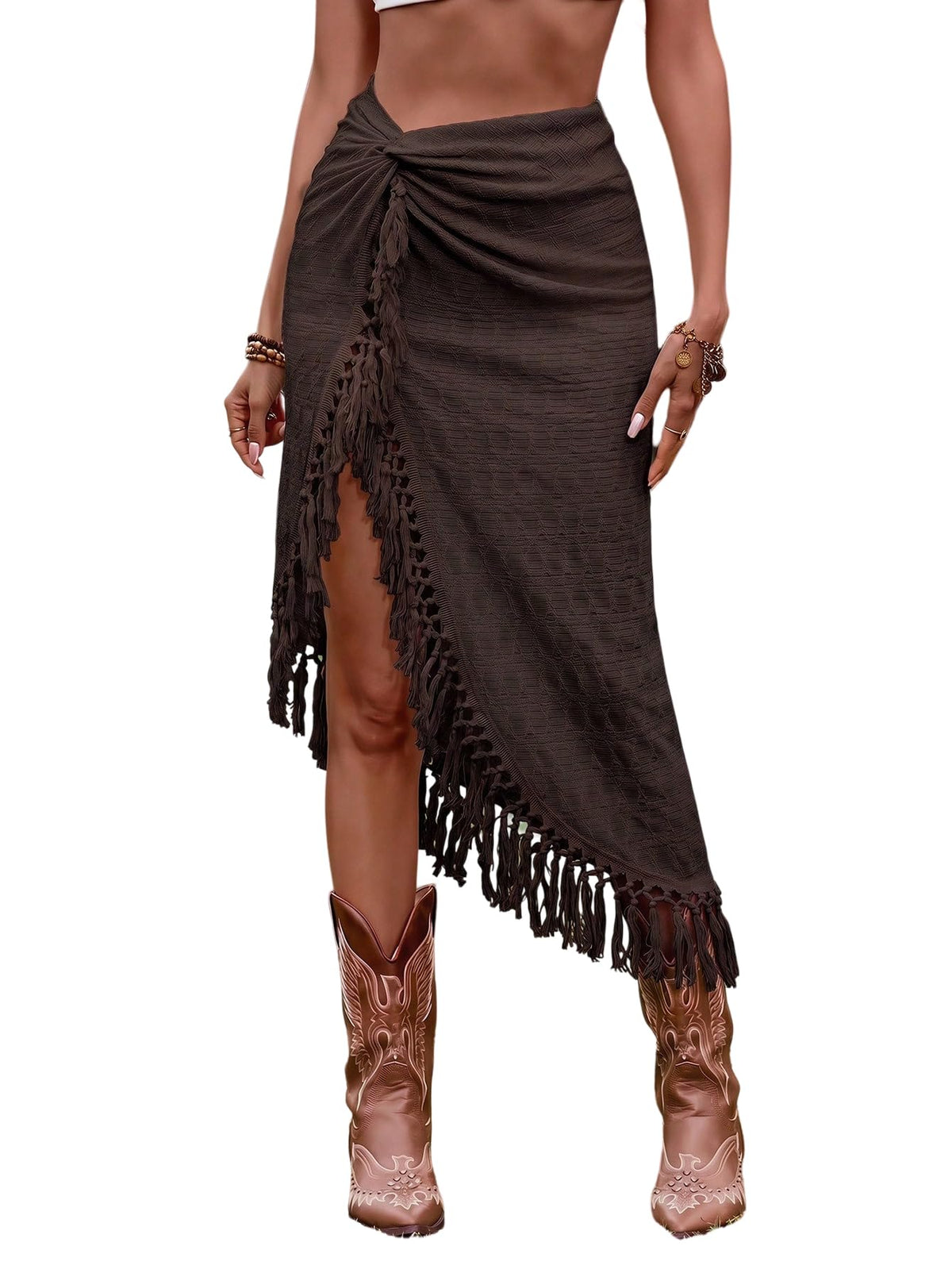 SHENHE Women's Twist Front Slit Boho Fringe Tassel Midi Skirt