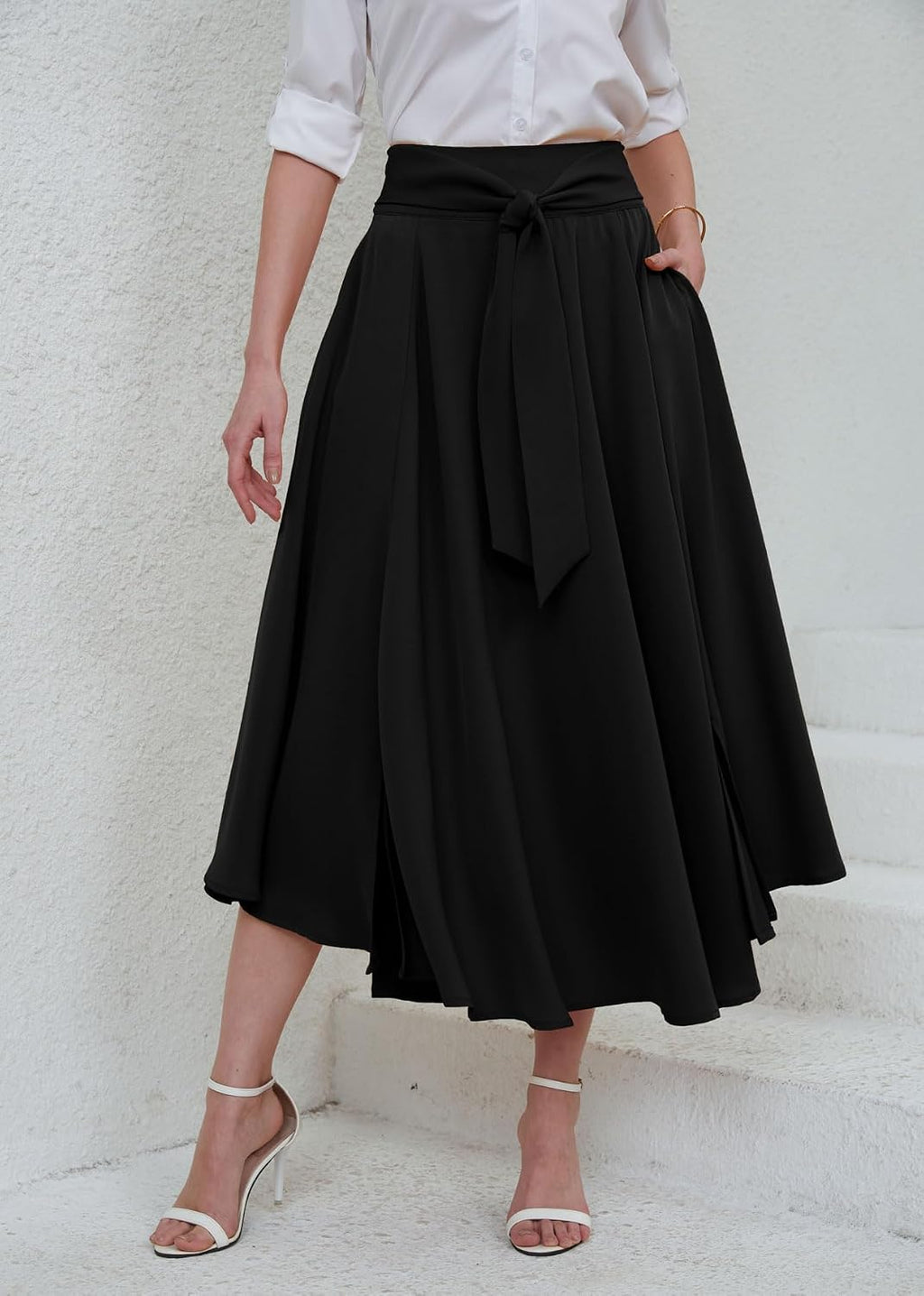 chouyatou Women's Elegant High Waisted Side Slit Irregular Bohemian Maxi Skirt with Pockets