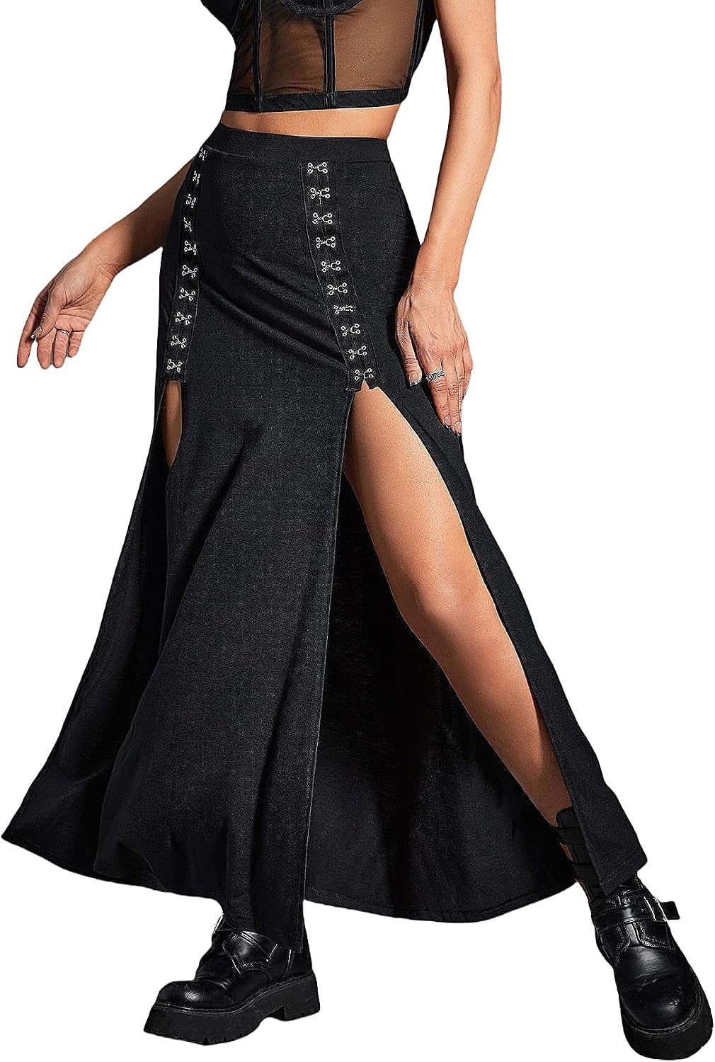 Women's Black Maxi Skirt with Double Side Slit & Hook-Buckles
