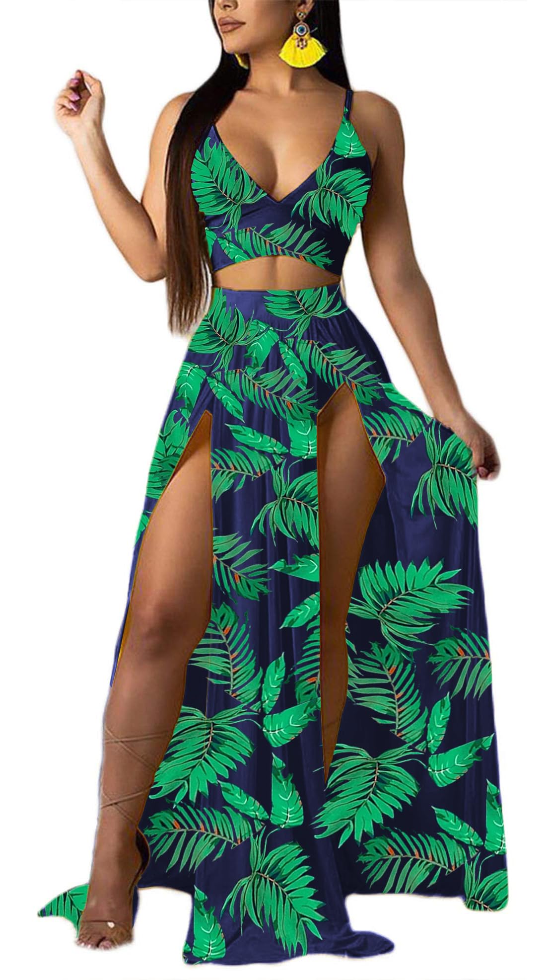 Women Sexy 2 Piece Outfits Dress Chiffon Strap Deep V Neck Bra Crop Top High Split Maxi Dresses Skirt Set
