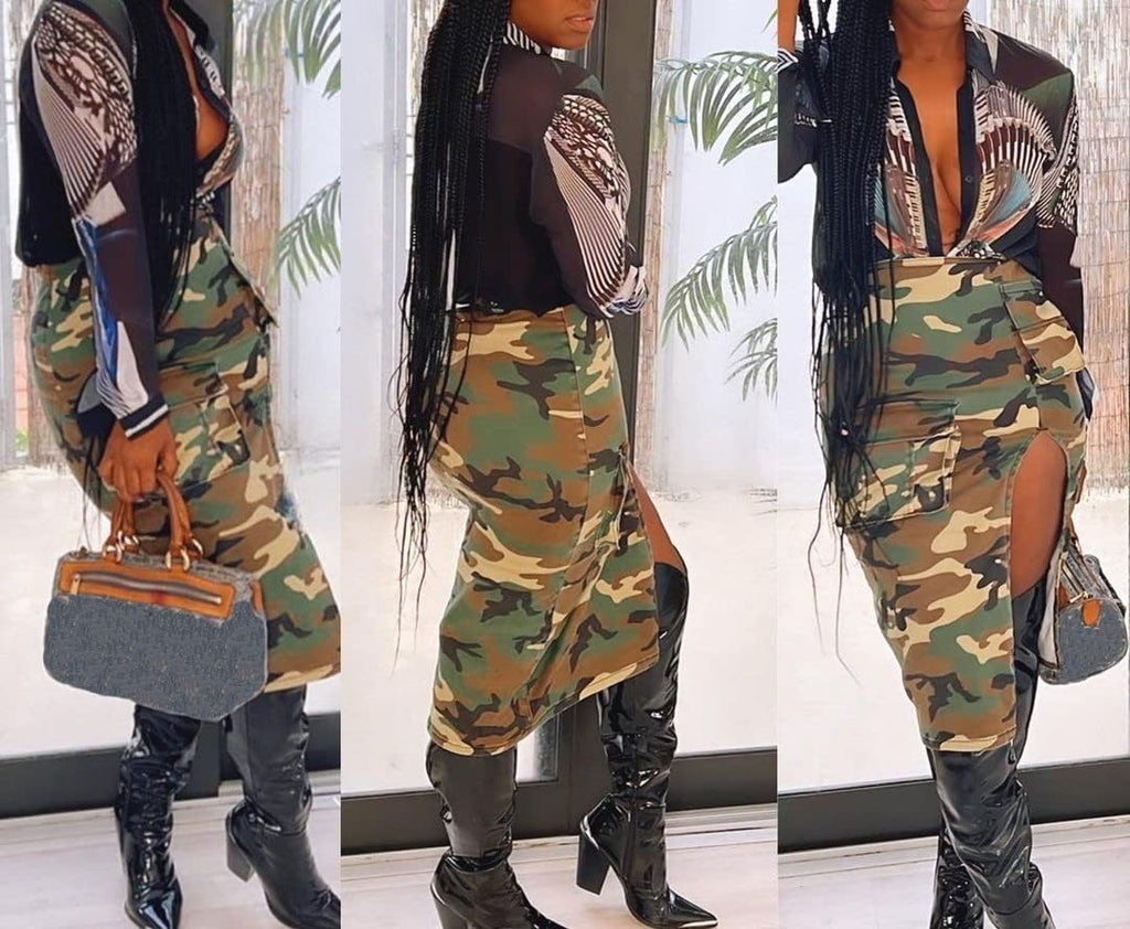 Vakkest Women's Camo Cargo Skirt High Waist Slit Front Long Bodycon Skirts