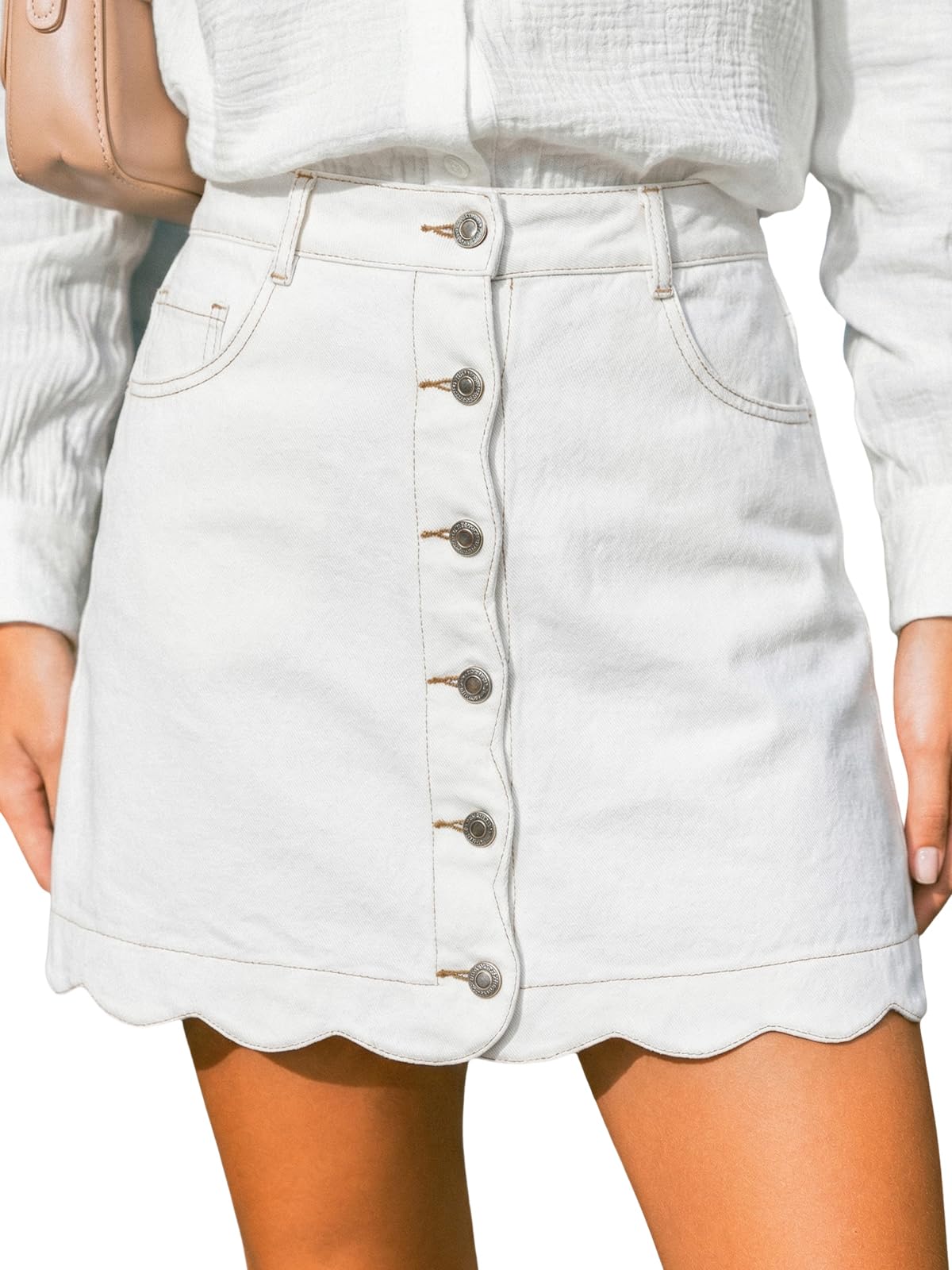 CUPSHE Women’s Denim Mini Skirt Button Front A-Line Scalloped Jeans
