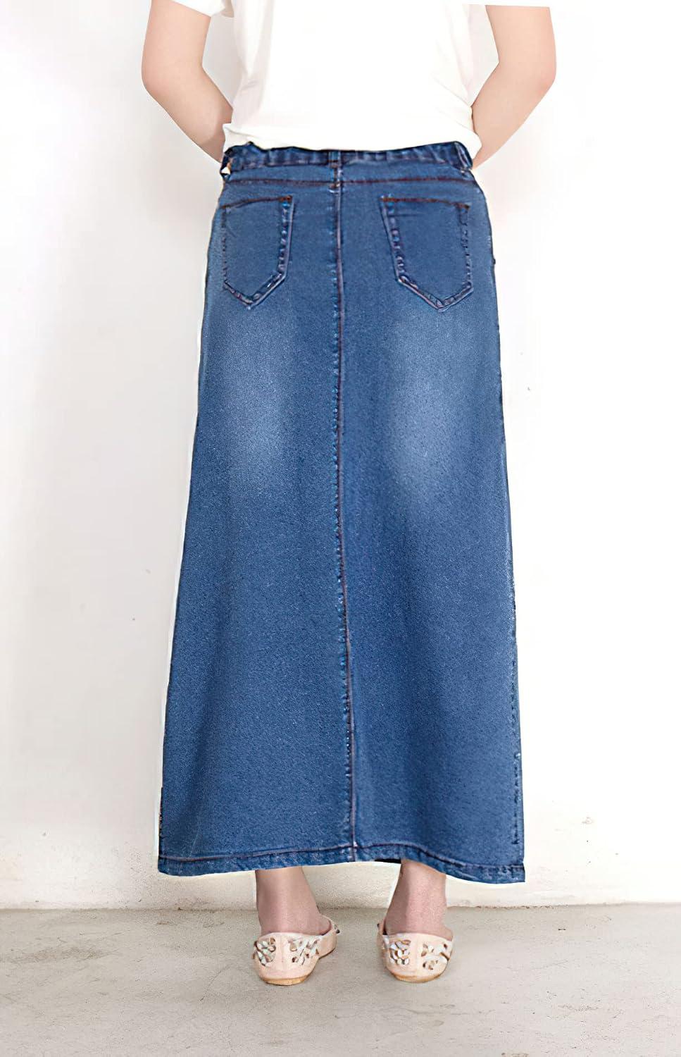 chouyatou Women's Casual Stretch Waist Washed Denim A-line Maxi Skirt