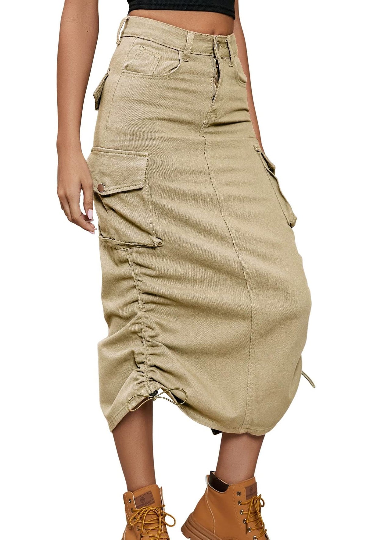 chouyatou Women's Y2K Cargo Skirt Jean Adjustable Casual A-Line Midi Long Denim Skirt