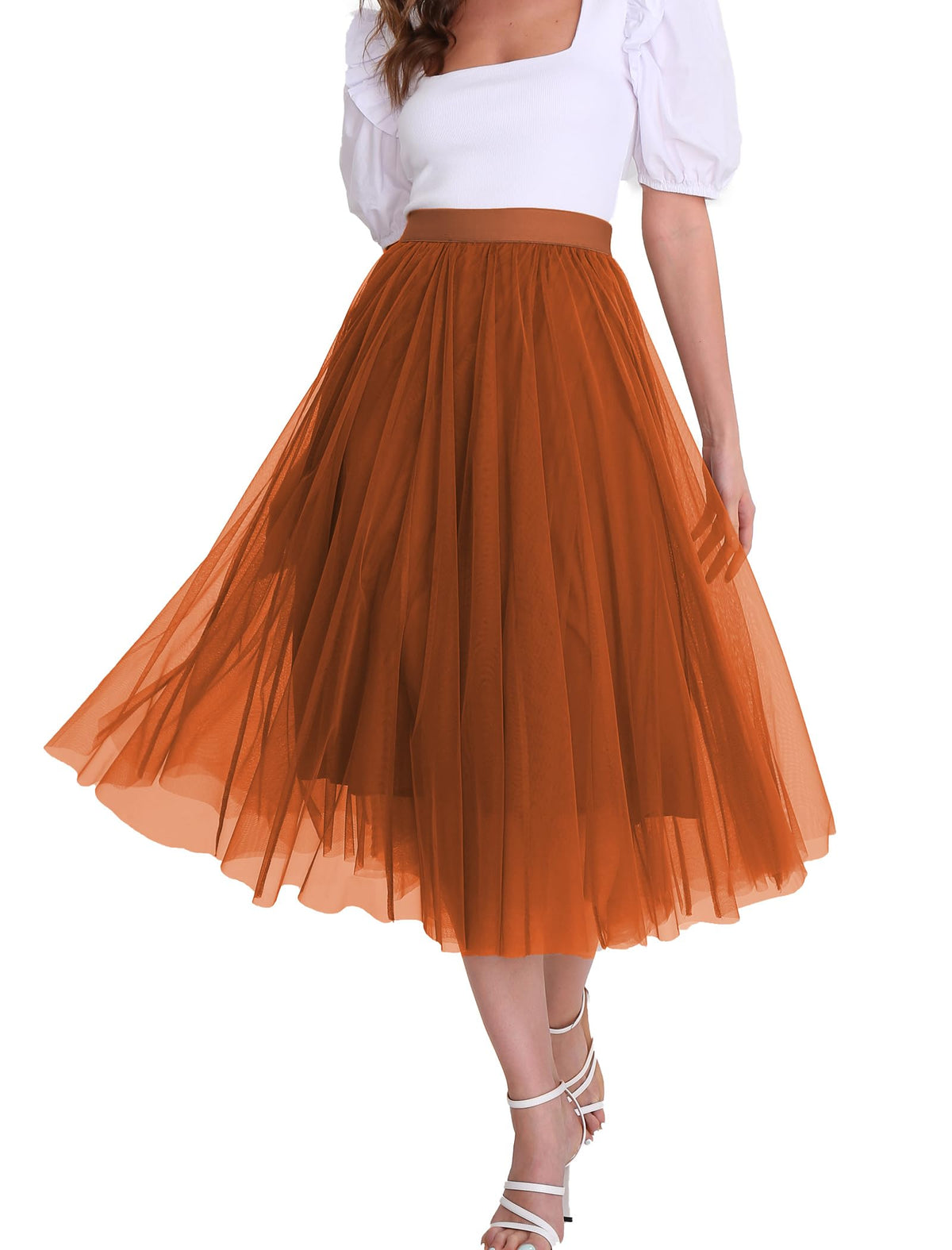 Women’s Tulle Skirts Midi Elastic High Waist Pleated Mesh Flowy A-Line Party Long Tutu Skirts…