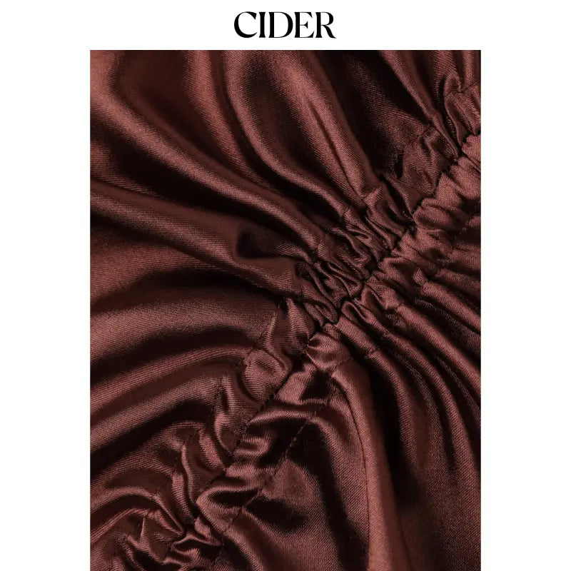 Cider Satin Drawstring Split Midi Skirt