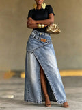 Women's Vintage-washed High-waist Denim Midi-long Skirt With Irregular Spliced Slit Design, Suitable For Spring, Summer, Autumn And Winter