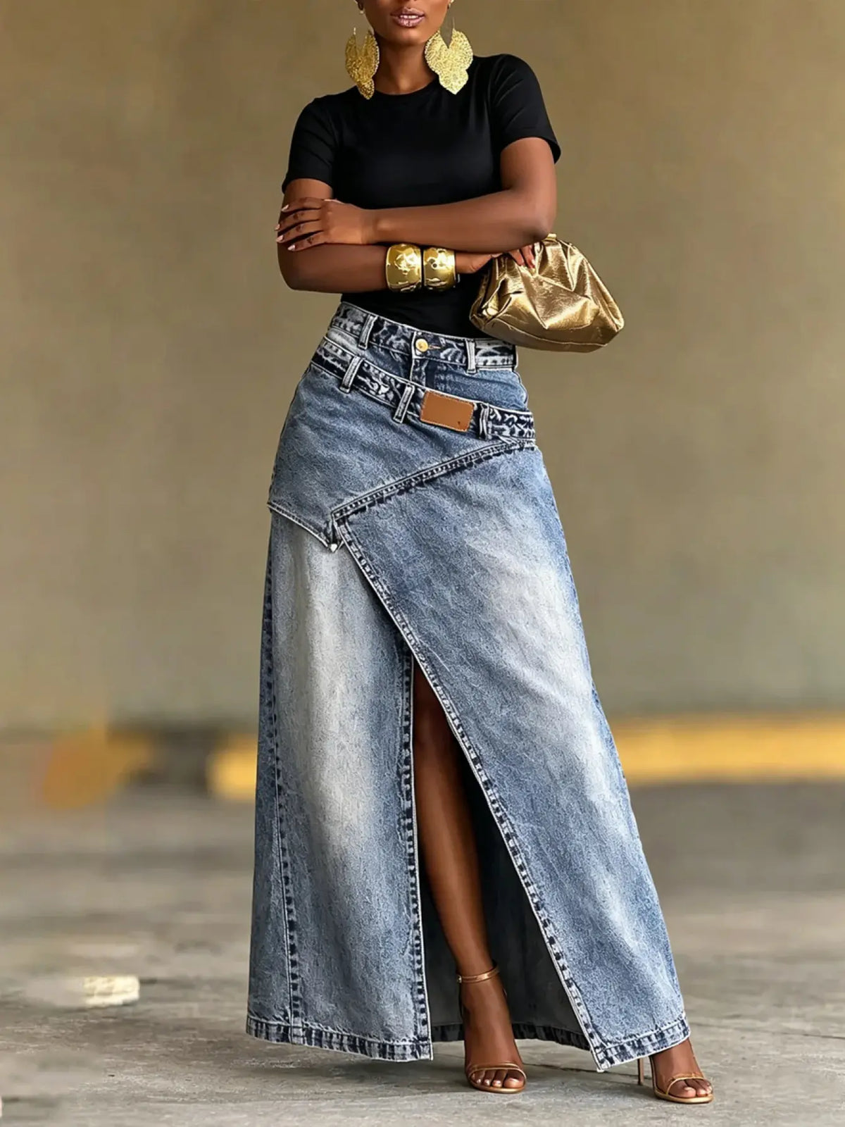Women's Vintage-washed High-waist Denim Midi-long Skirt With Irregular Spliced Slit Design, Suitable For Spring, Summer, Autumn And Winter