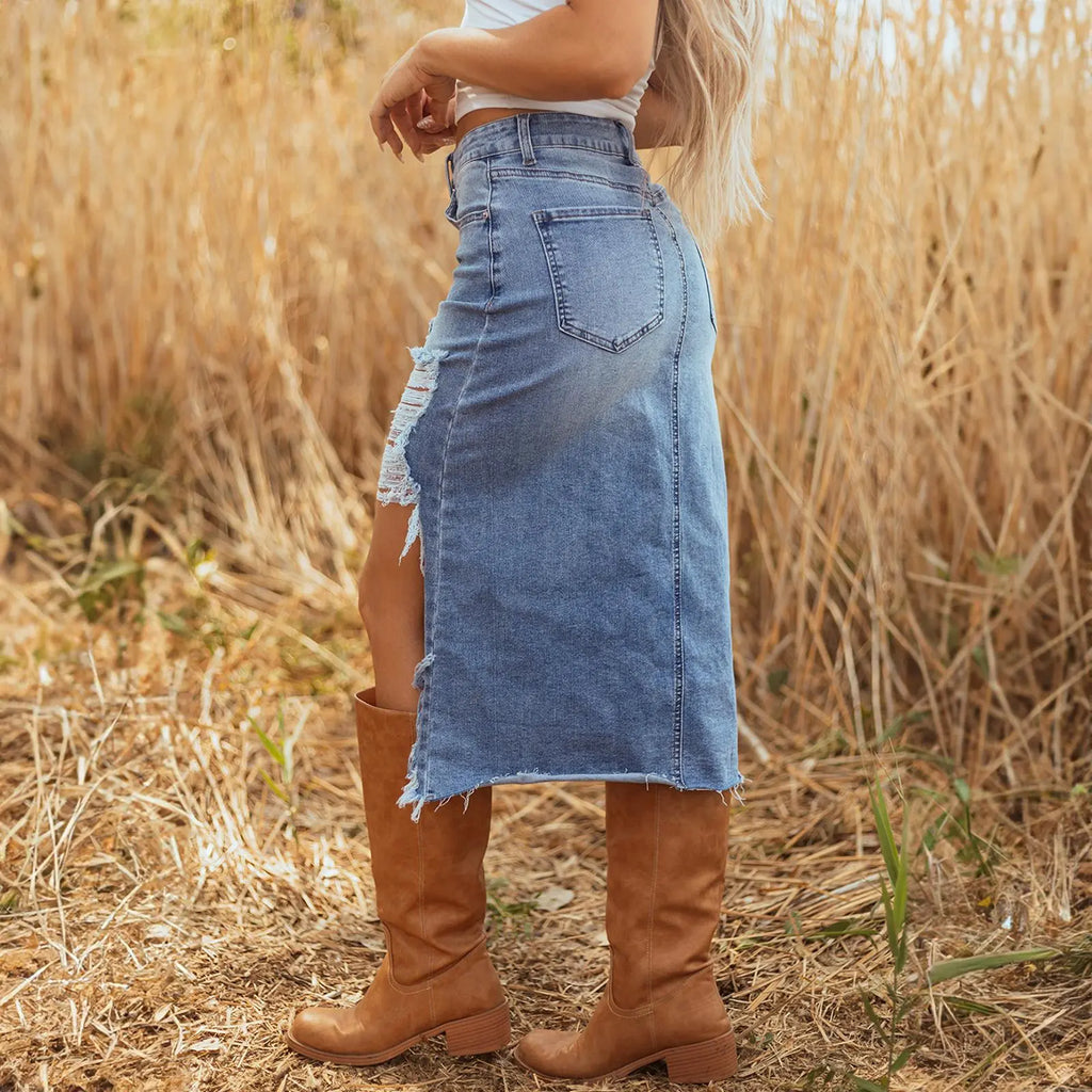 Asvivid Western Asymmetrical Ripped Denim Midi Skirt with Pocket Women High‑low Distressed Irregular Raw Frayed Hem Casual Destroyed Cowgirl Jean Skirts Bottoms Clothes for Back To School Fashion Fall Pick