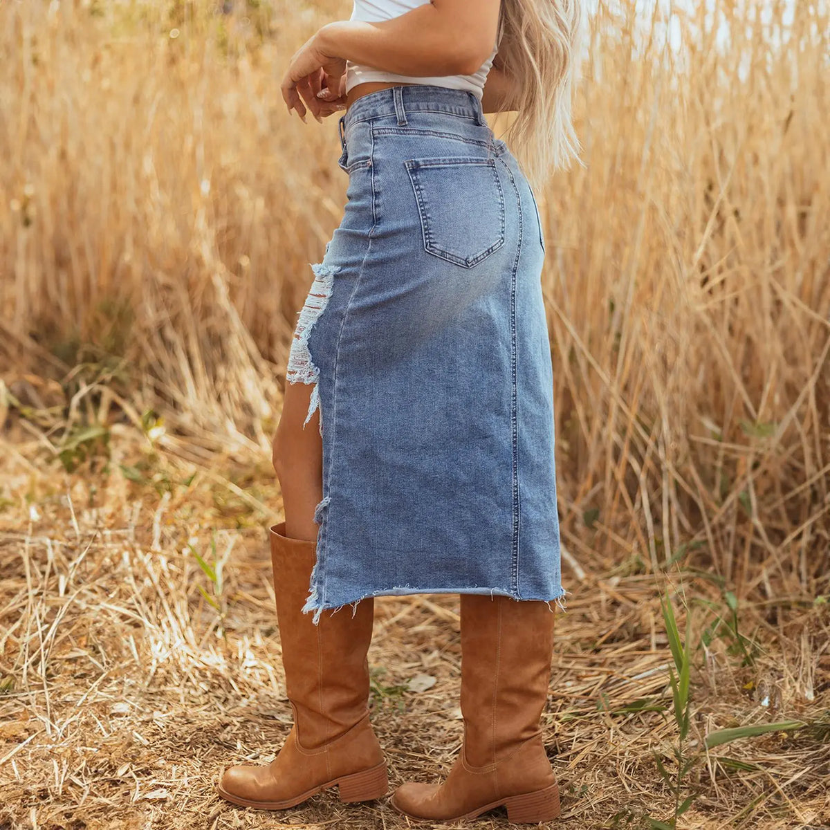 Asvivid Western Asymmetrical Ripped Denim Midi Skirt with Pocket Women High‑low Distressed Irregular Raw Frayed Hem Casual Destroyed Cowgirl Jean Skirts Bottoms Clothes for Back To School Fashion Fall Pick