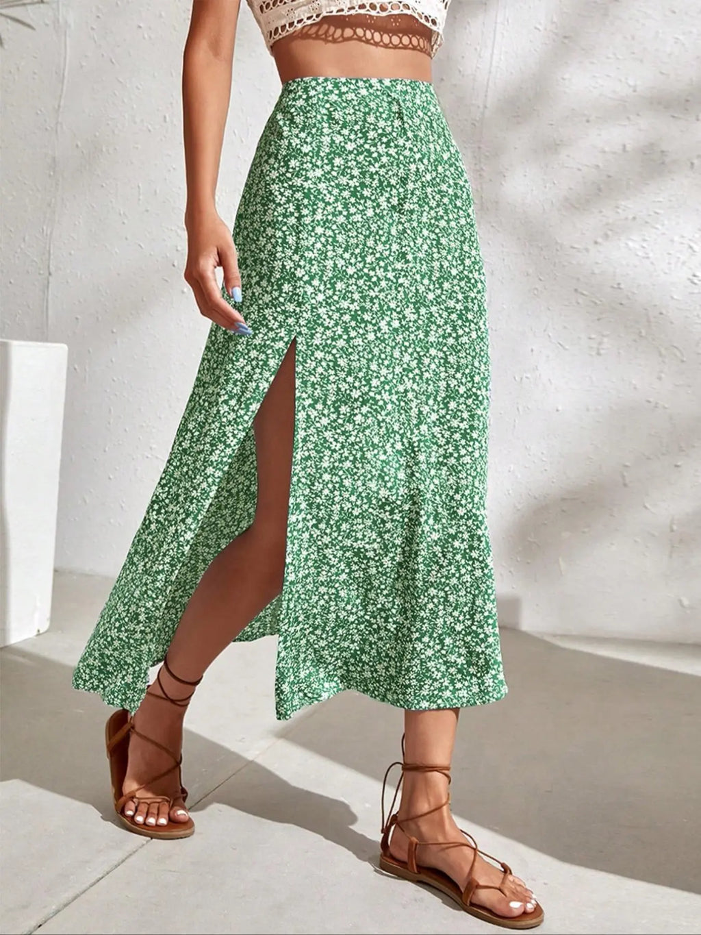 Women's Ditsy Floral Print Split Thigh A Line Skirt, Boho Bohemian Casual High Waist Midi Skirt, Boho Skirts for Beach Holiday Vacation, Summer Outfits 2024, Ladies Summer Clothes, Womenswear Bottom
