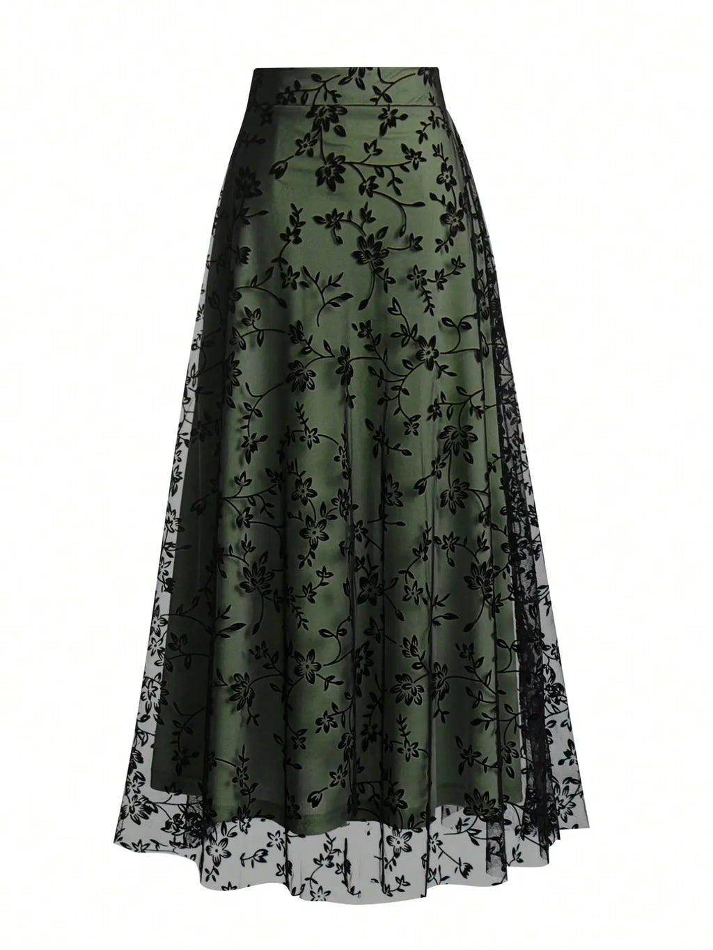 Women's Floral Embroidery Contrast Netting A-line Half Skirt, Aesthetic Fashionable Skirt, Tulle Fabric Skirt, Casual Elegant High Waist Midi Dress for Party, Holiday, Wedding Guest Wear, Four Seasons Suitable Long Dress for Women