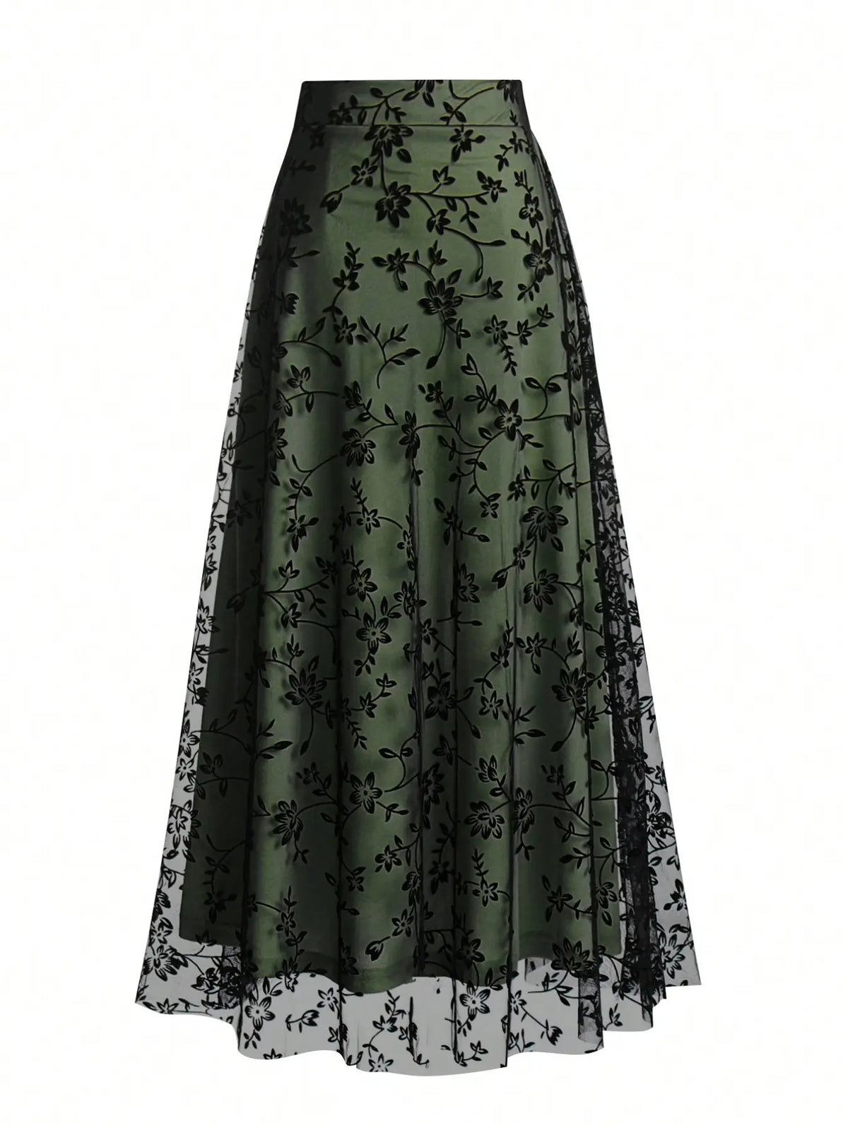 Women's Floral Embroidery Contrast Netting A-line Half Skirt, Aesthetic Fashionable Skirt, Tulle Fabric Skirt, Casual Elegant High Waist Midi Dress for Party, Holiday, Wedding Guest Wear, Four Seasons Suitable Long Dress for Women