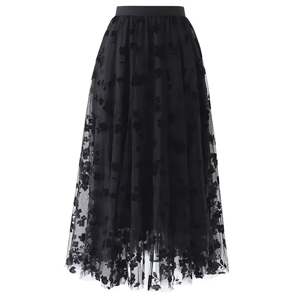 Chicwish 3D Posy Double-Layered Mesh Midi Skirt - Lightweight Polyester Tulle Skirt with Elastic Waistband & Floral Trim for Women