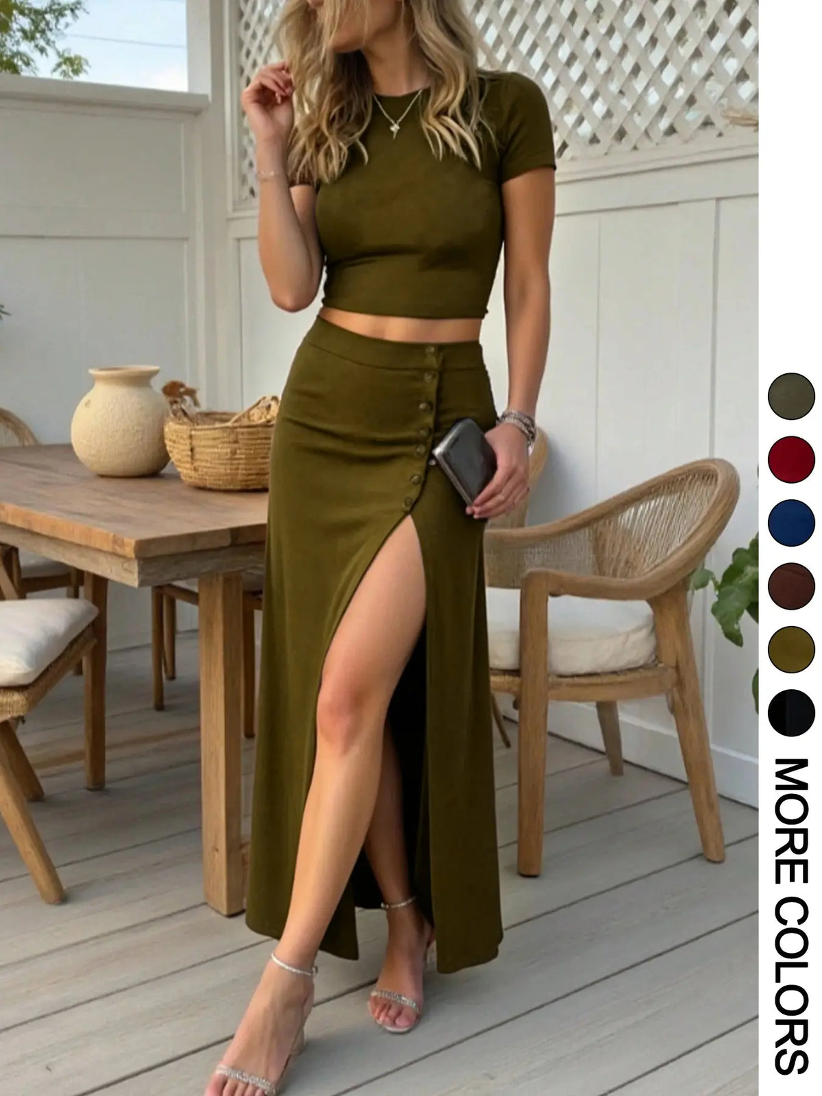 Women's Casual Two-Piece Set, Fashion Clothing Set, Short Sleeve Crop Top & Front Button Split Skirt, Summer Fashion, Minimalist, Breathable, Chic, Lightweight, Comfortable and Stylish, Chic Skirt Sets