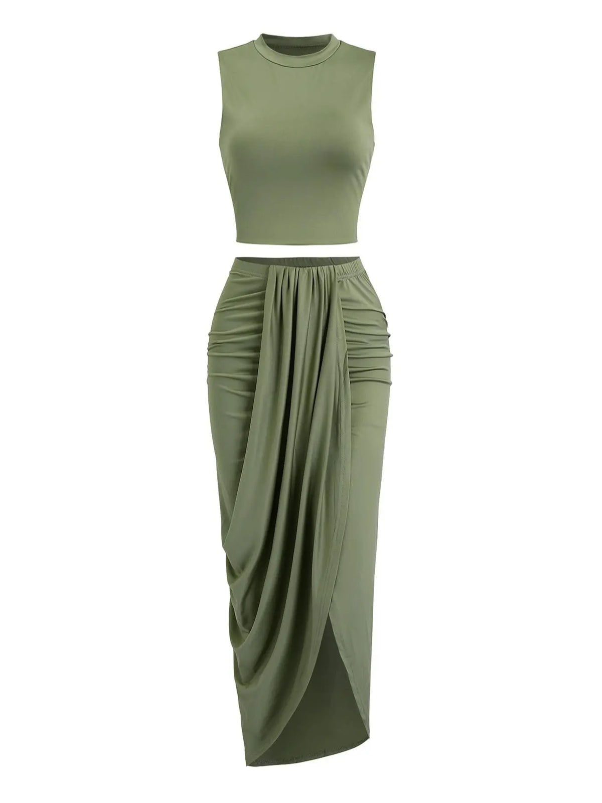 Women's Solid Crop Tank Top & Ruched Asymmetrical Hem Split Skirt Set, Casual Chic Minimalist Style Mock Neck Sleeveless Top & High Waist Wrap Skirt, Cute Summer Outfit Clothes, Beach Outfits Set