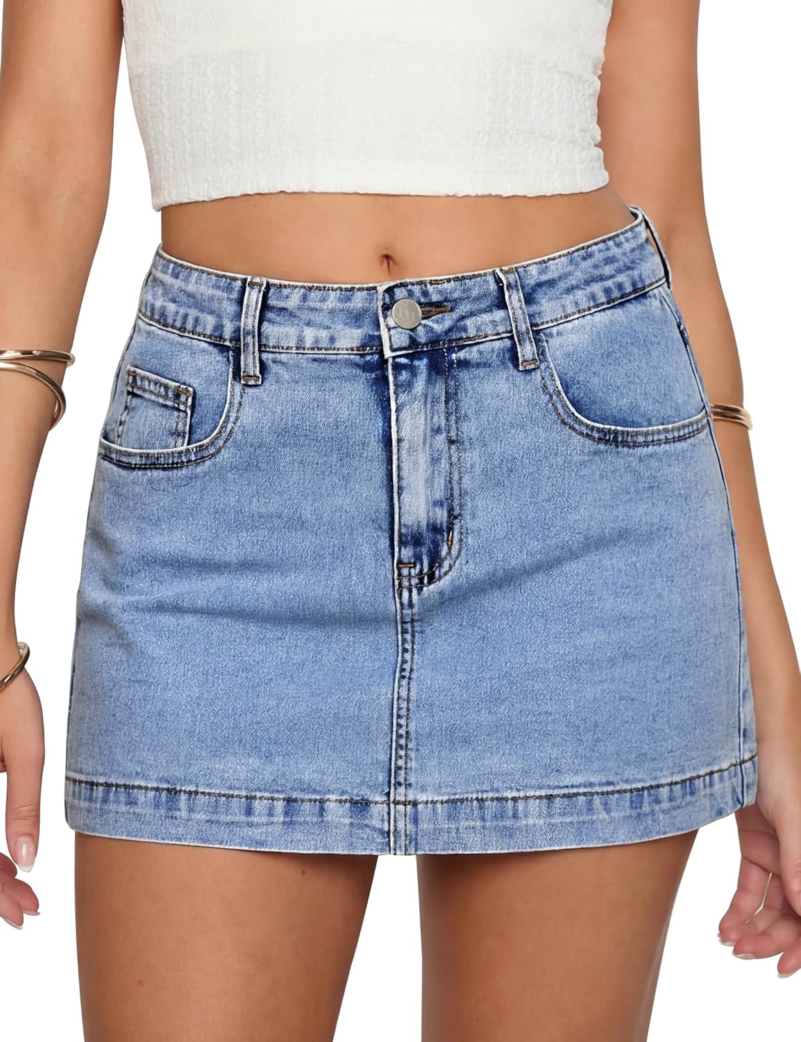 Denim Mini Skirt Stretch Jean Skirts for Women with Shorts Underneath