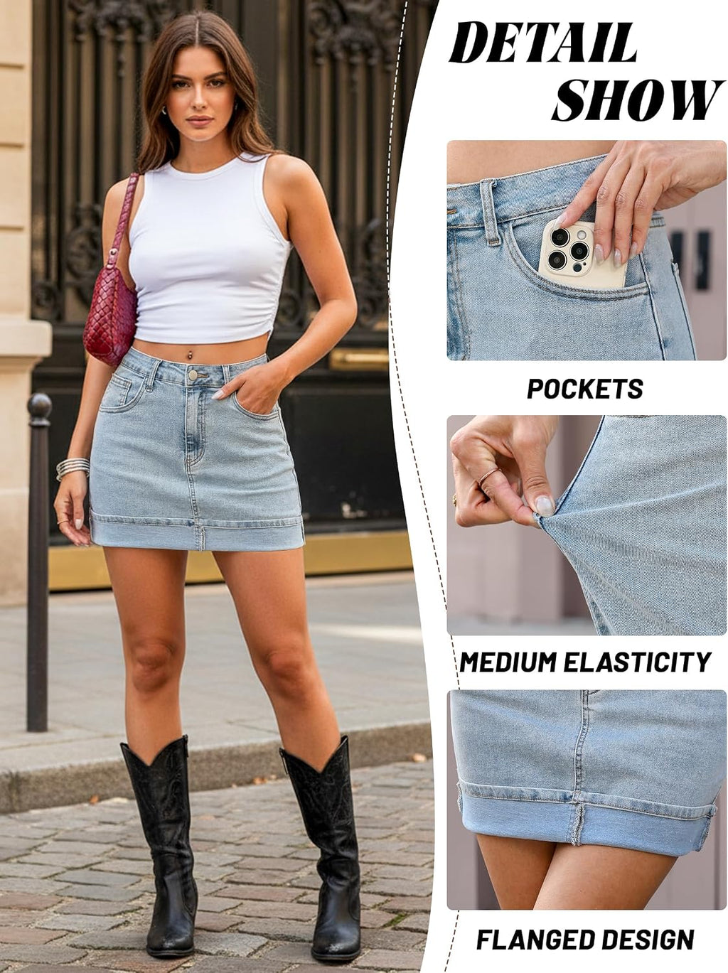 Eddoyee Jean Skirts for Women Denim Stretchy Mid-Rise Summer Mini Skirt with Pockets
