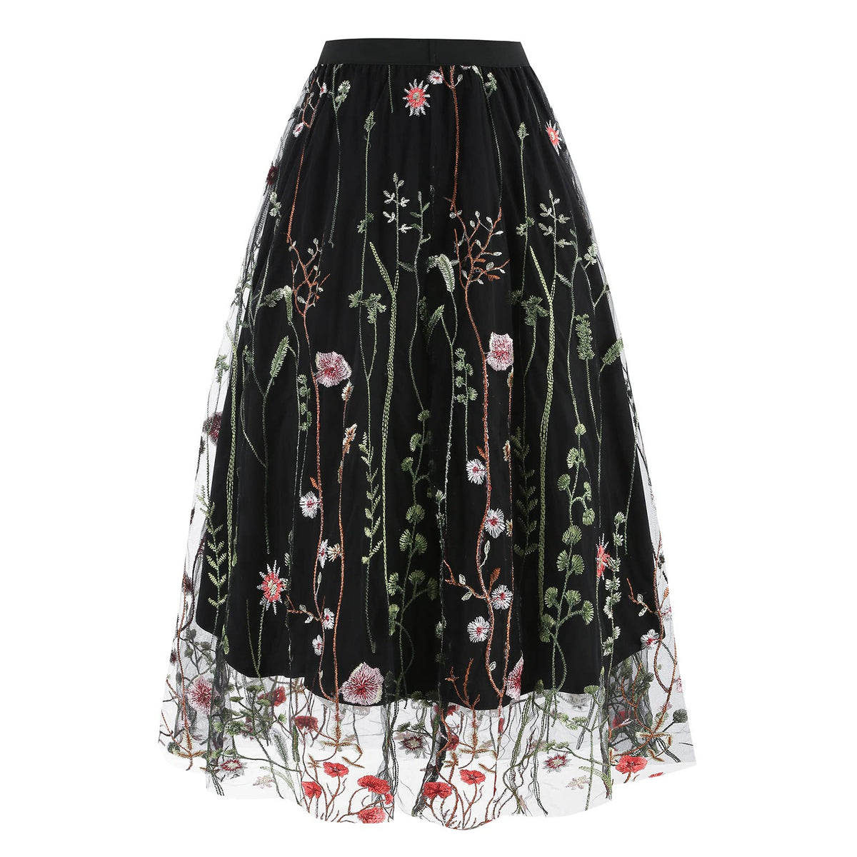 Women Vintage Floral Embroidered Tulle Midi Skirt 50s Party Elastic High Waist A-line Swing Skirts