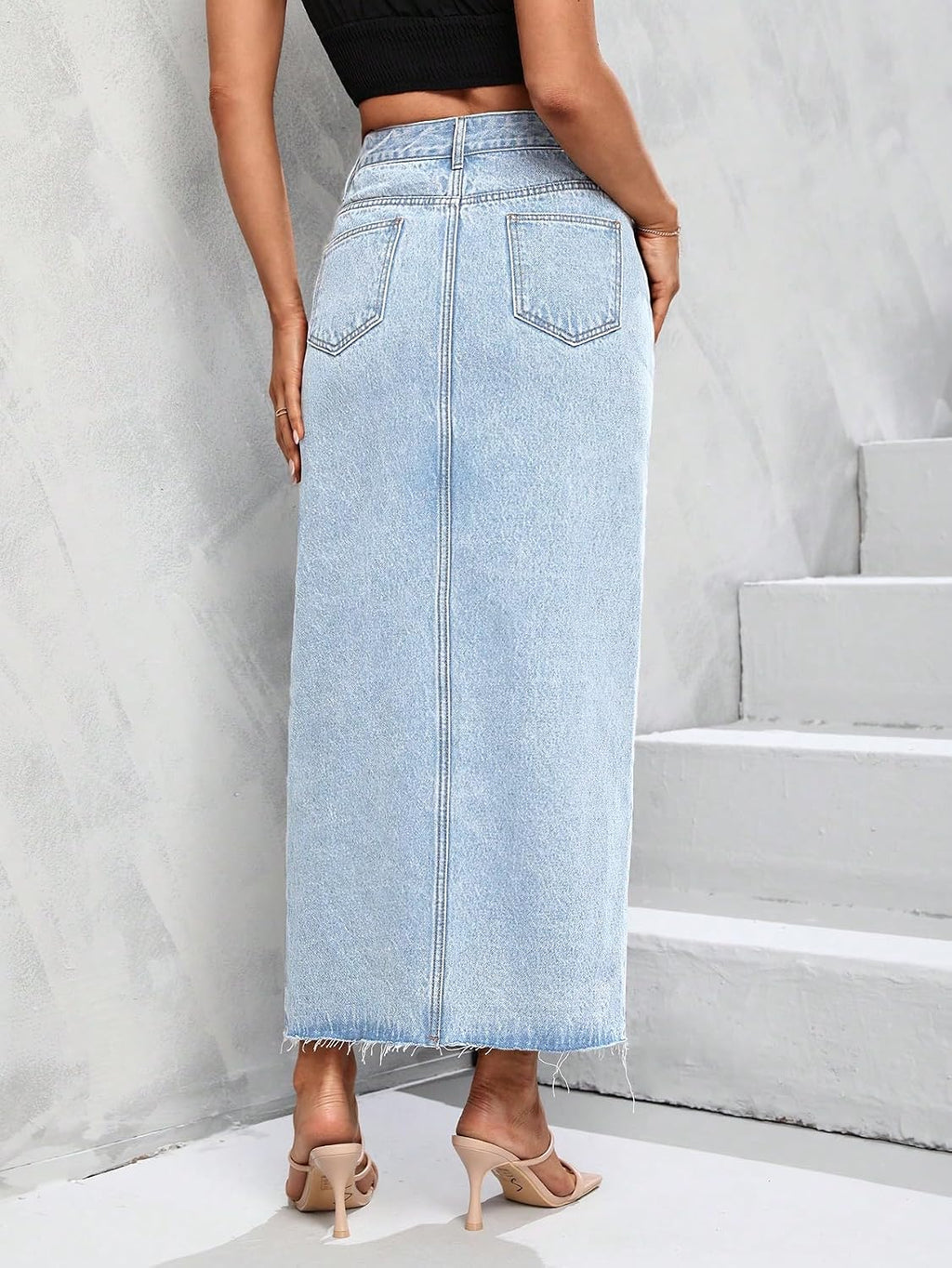 Women's High Waist Stretch Maxi Denim Skirt Front Split Frayed Raw Hem A line Casual Long Jean Skirt