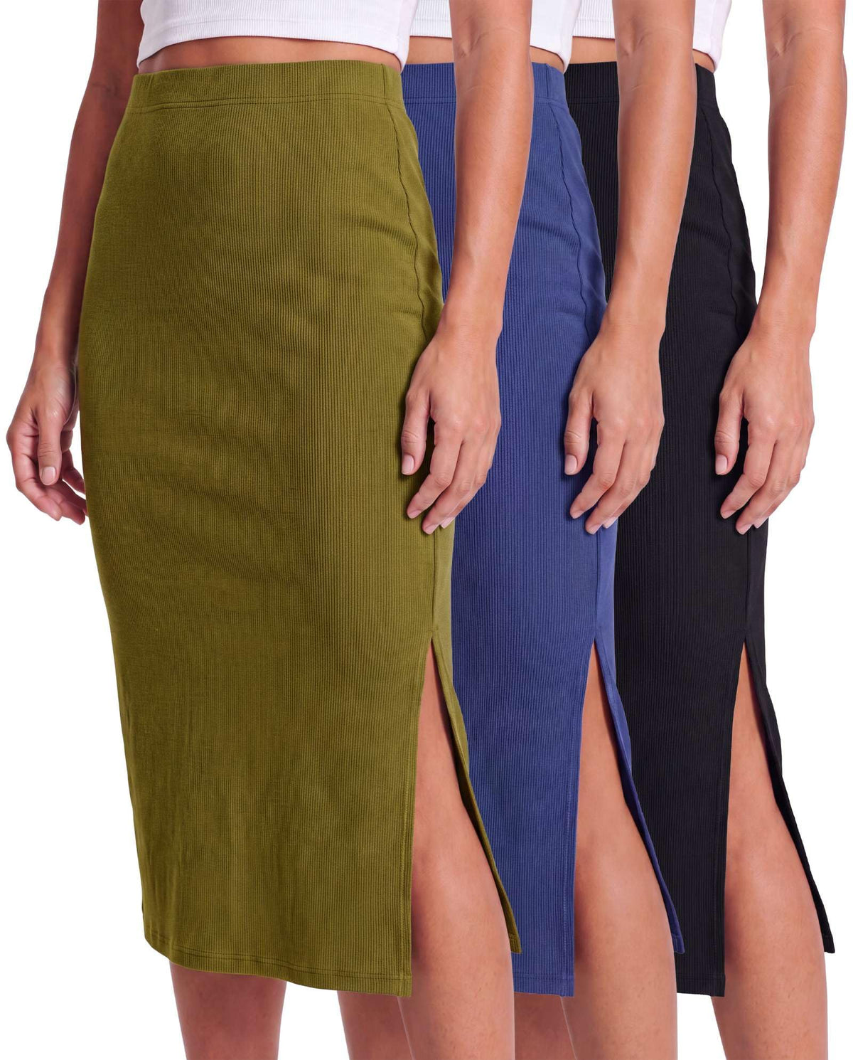 3 Pack Women's Ribbed Midi Skirts High Waisted Pencil Knee Length Work Slit