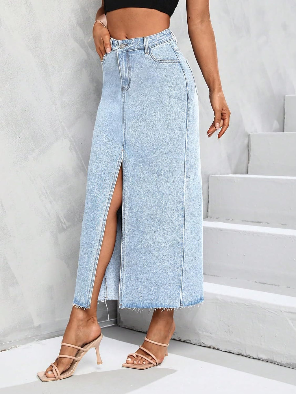 Women's High Waist Stretch Maxi Denim Skirt Front Split Frayed Raw Hem A line Casual Long Jean Skirt