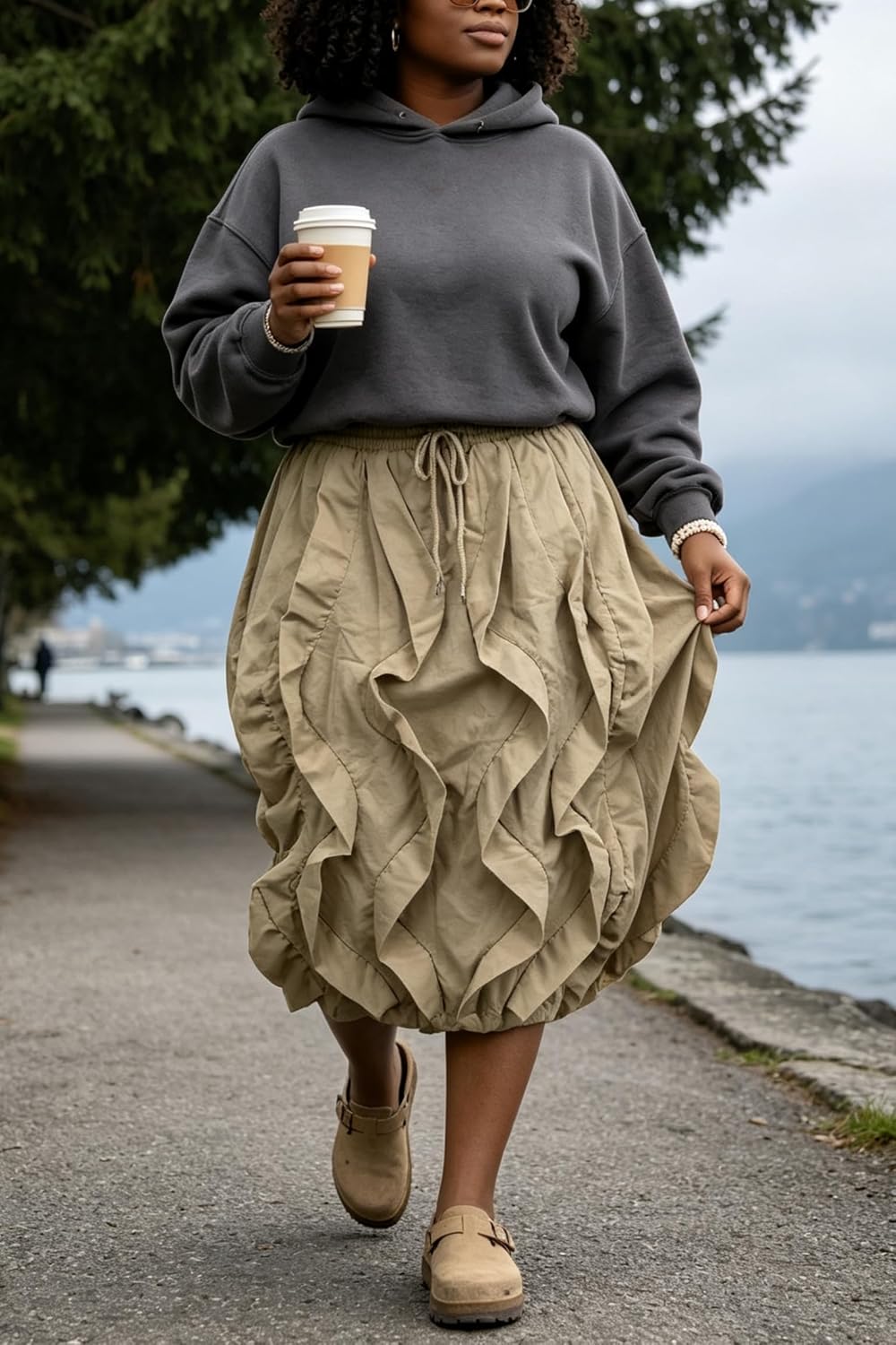 LROSEY Women Ruffle Cargo Skirt Y2k Novelty Drawstring Pleated Midi Skirts