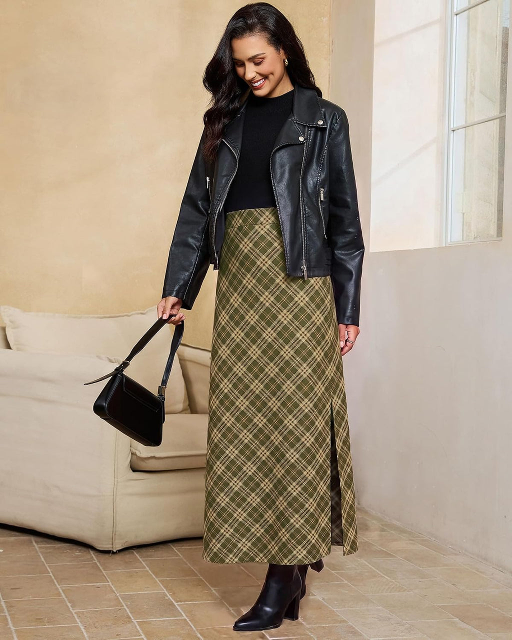 luvamia Plaid Maxi Skirts for Women Trendy A-Line Long Skirt with Side Slit