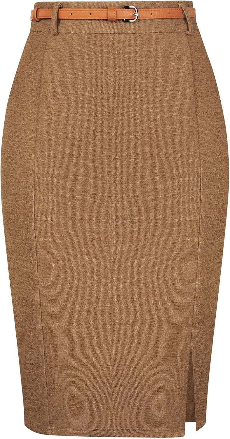 Kate Kasin Women Tweed Pencil Skirt, Knee Length Skirts with Slit