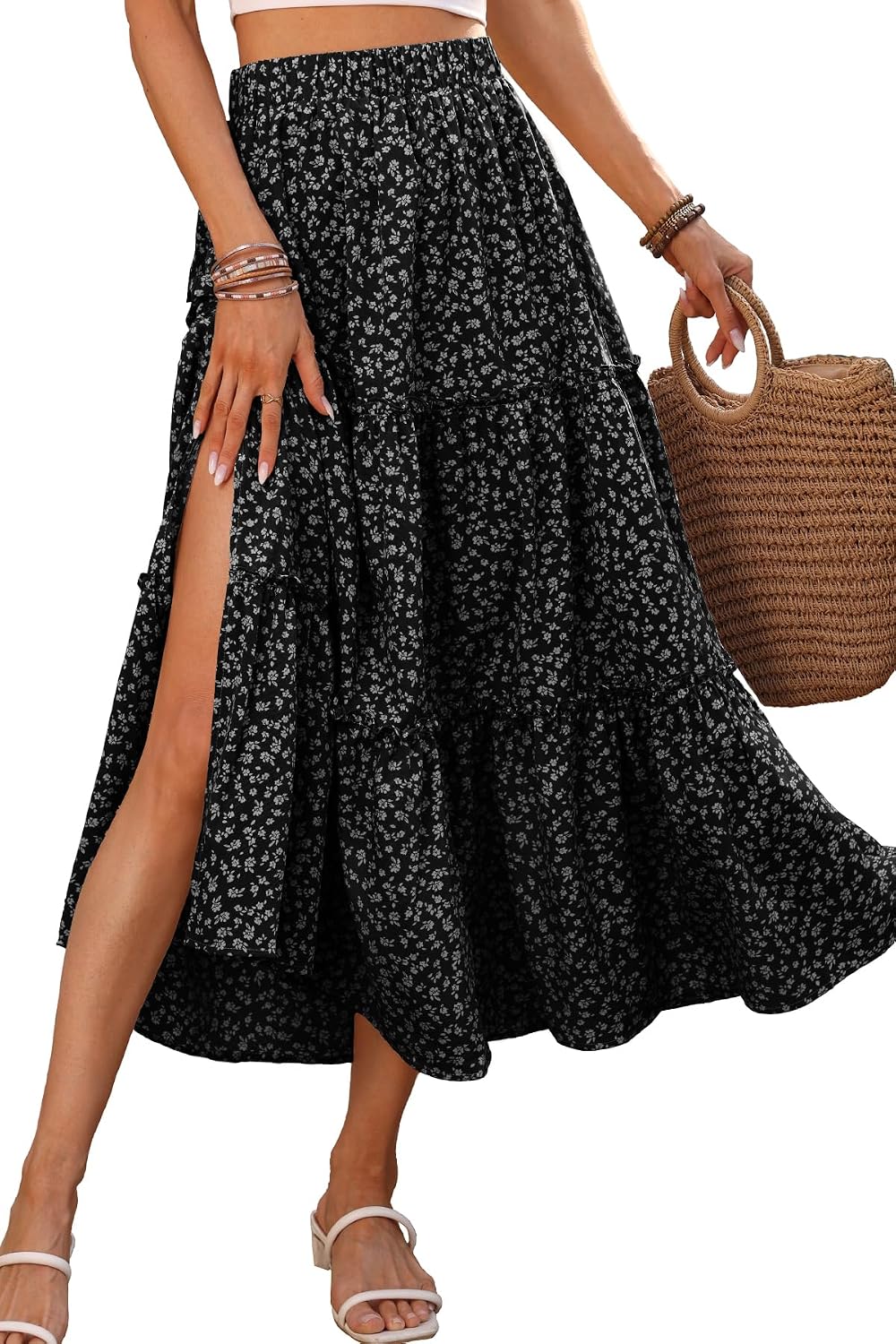 ELLEVEN Women's Floral Maxi Skirt Boho Flowy High Waisted A-Line Tiered Ruffle Skirt with Side Slit