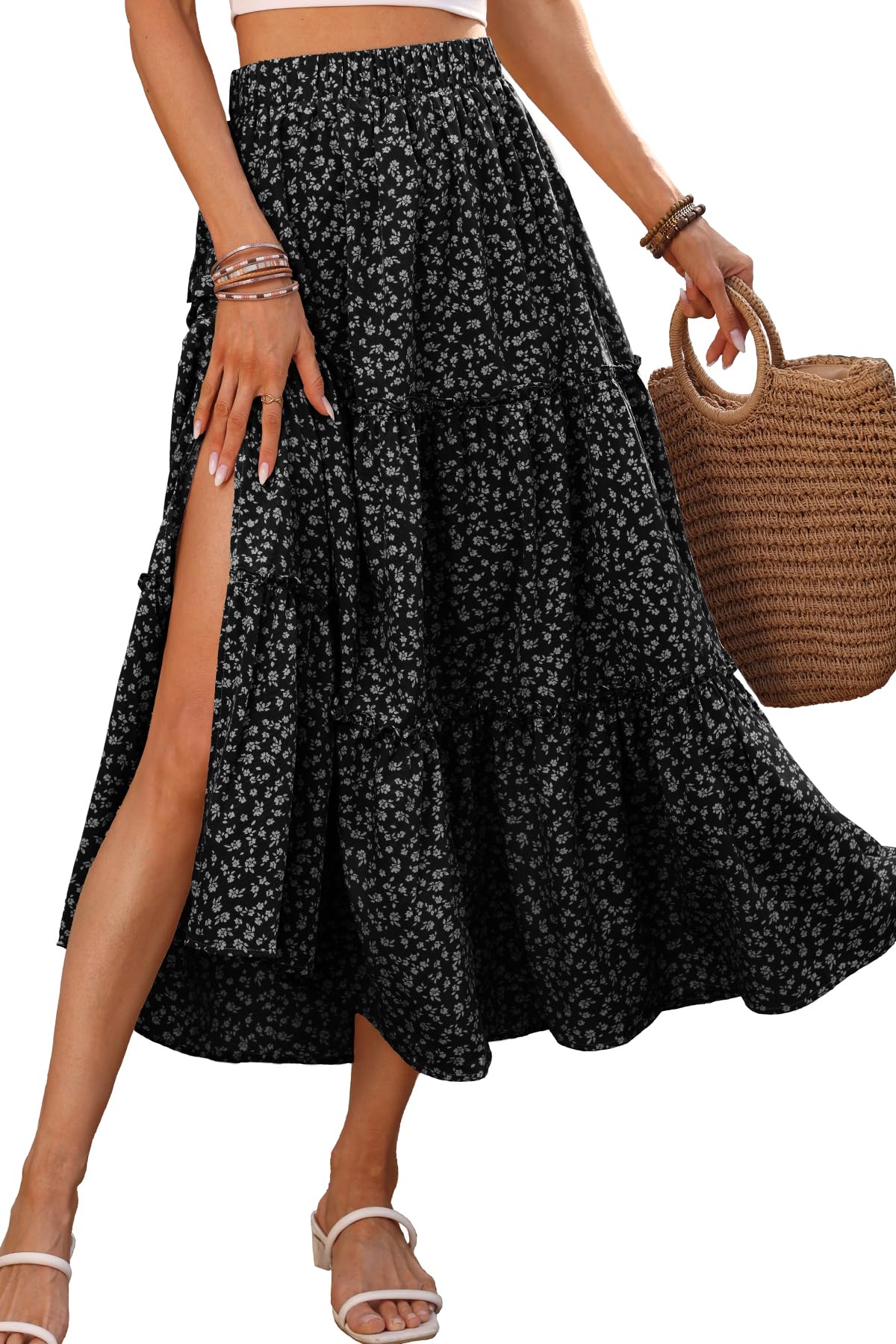 ELLEVEN Women's Floral Maxi Skirt Boho Flowy High Waisted A-Line Tiered Ruffle Skirt with Side Slit