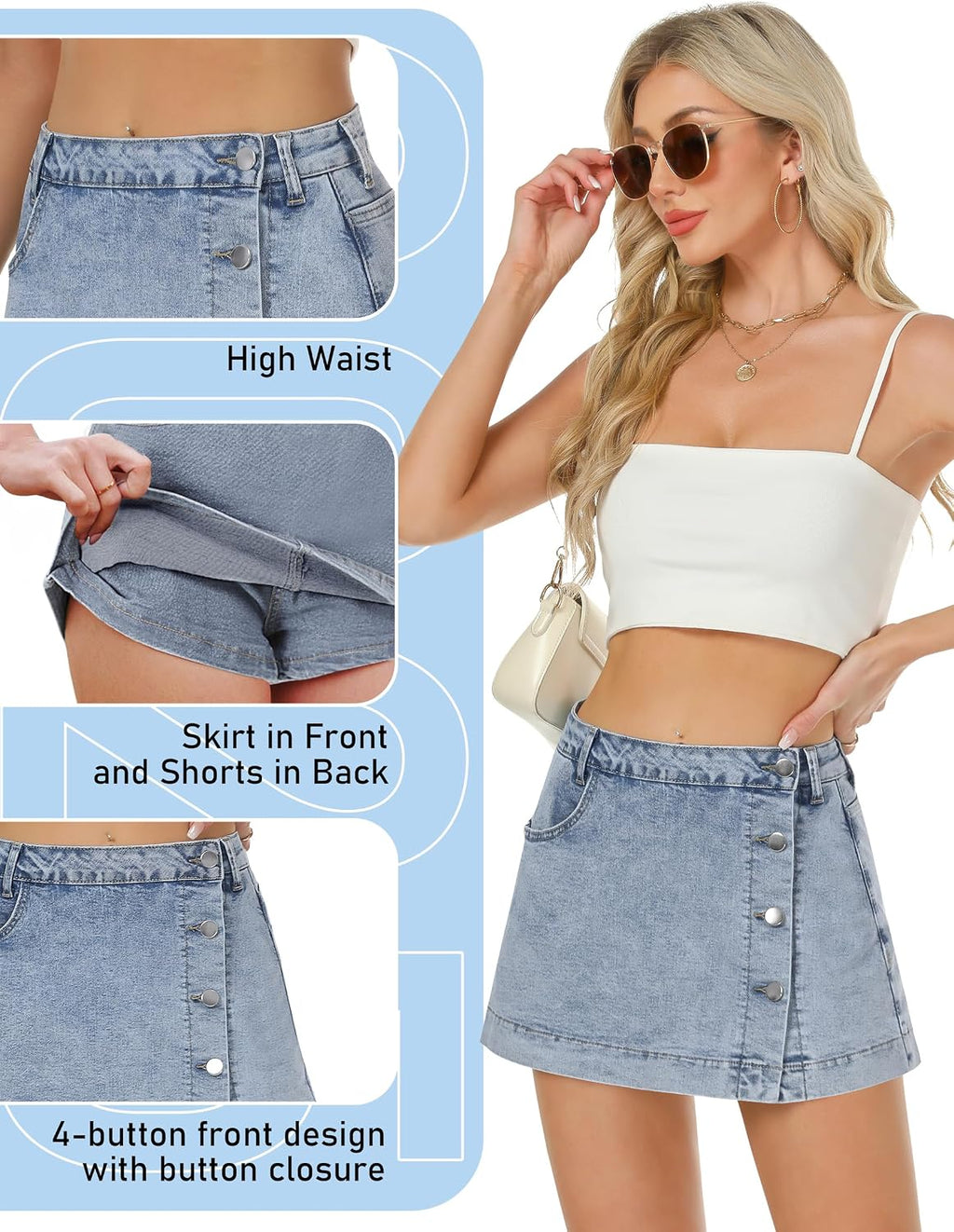 Denim Skort for Women Slit Casual Stretchy Jean Skirt with Shorts