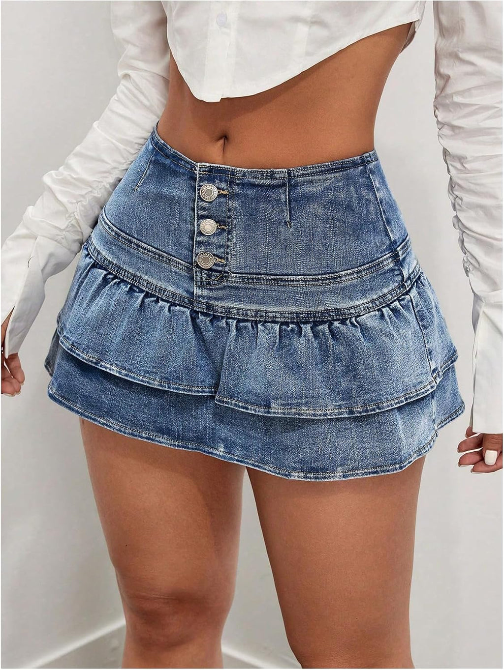 SHENHE Women's High Waist Button Up Ruffle Denim Mini Skirt with Shorts