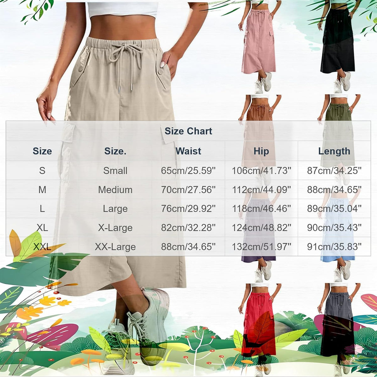 Women's Cargo Skirts Elastic Waist Drawstring Utility Midi Skirt with Multi-Pockets Casual Trendy Streetwear Skirts