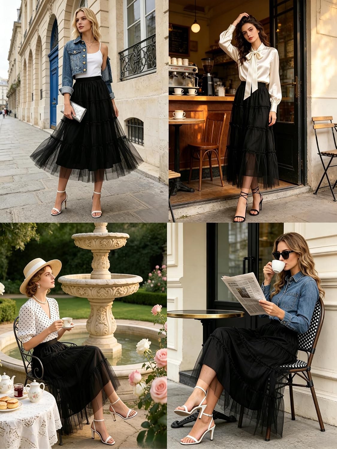 kephy Women's A-Line Tiered Flowy Tulle Midi Skirt High Elastic Waist