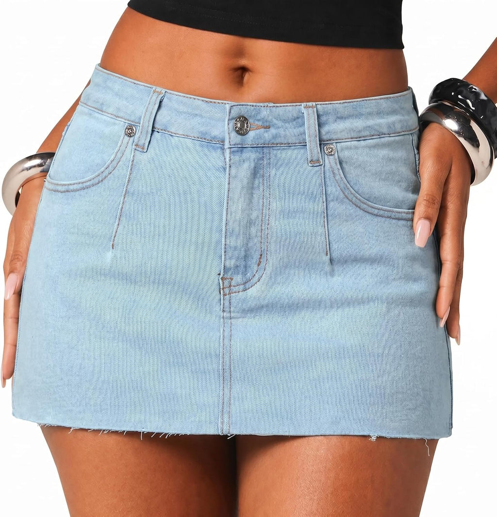 Women Low Rise Mini Denim Skirt Stretchy Jean Skirts with Shorts Underneath Raw Hem Micro Short Skort Y2K Trendy 2026