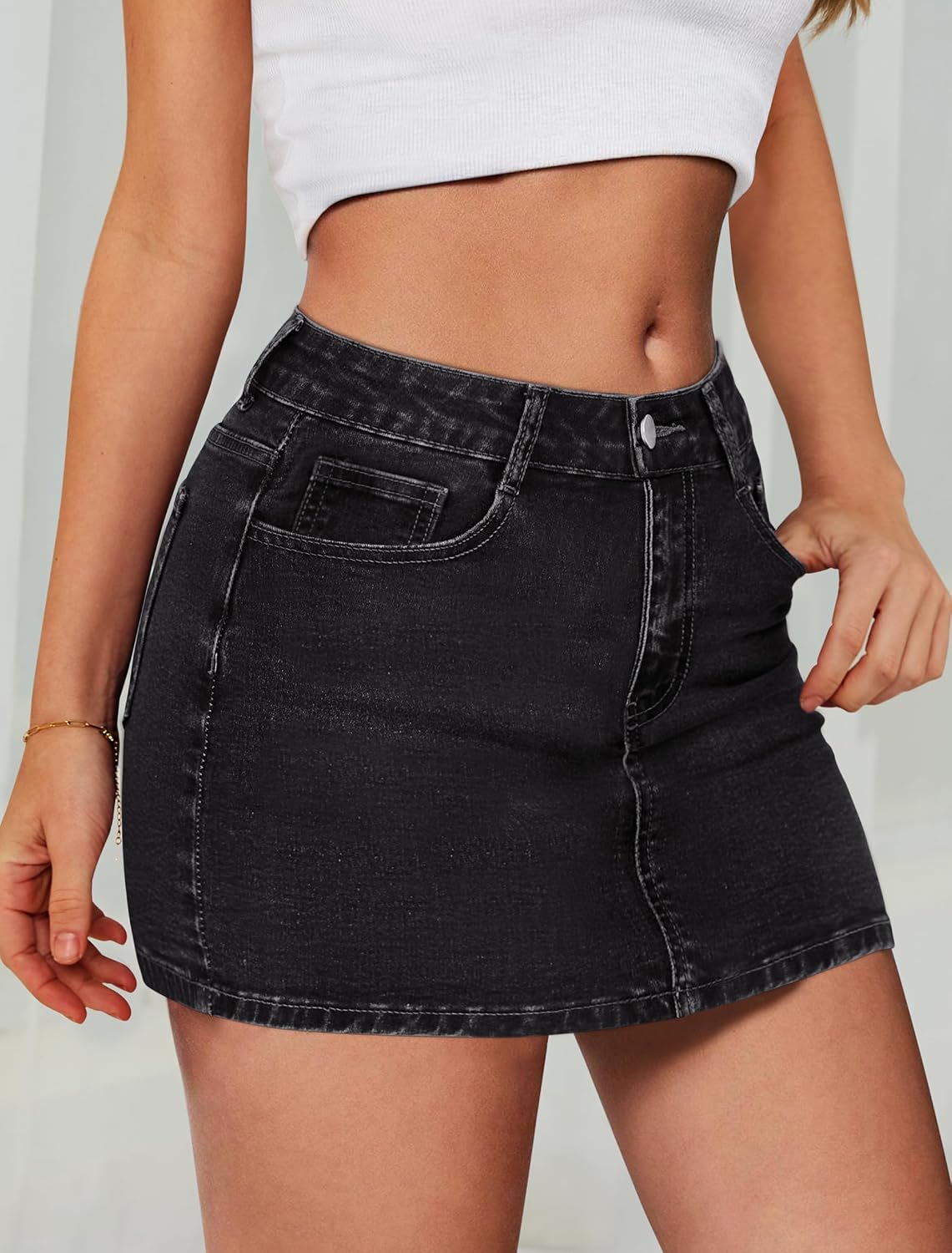 IWD Denim Mini Skirt Women Casual Stretch Jean Skirt Zip Fly Low Waisted Denim Skirt with Pockets