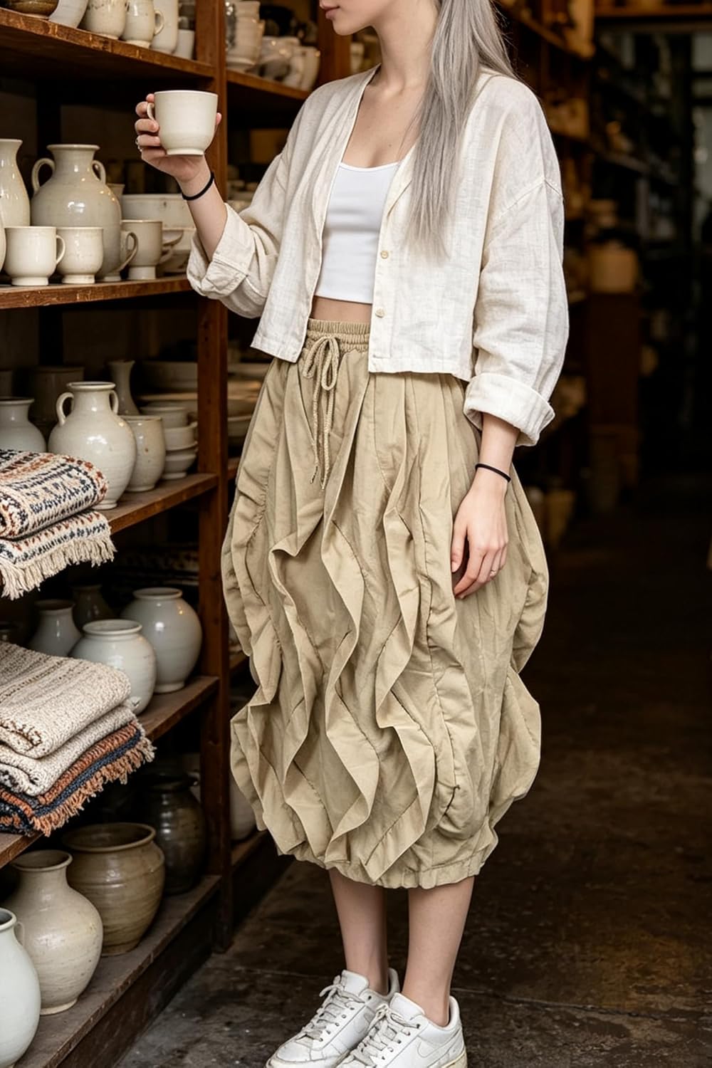 LROSEY Women Ruffle Cargo Skirt Y2k Novelty Drawstring Pleated Midi Skirts