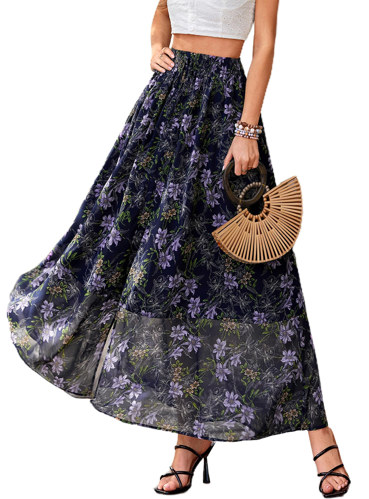 PRETTYGARDEN 2026 Summer Maxi Long Skirts for Women Trendy Boho Floral High Waisted Slit Flowy Travel Beach Vacation Clothes