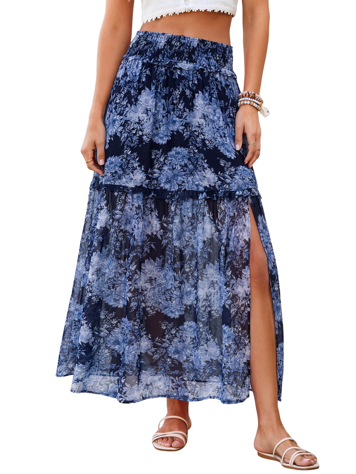 BerryGo Women Boho Floral Maxi Skirts Summer Smocked High Waisted Chiffon Flowy A Line 2026 Trendy Long Beach Skirt with Slit