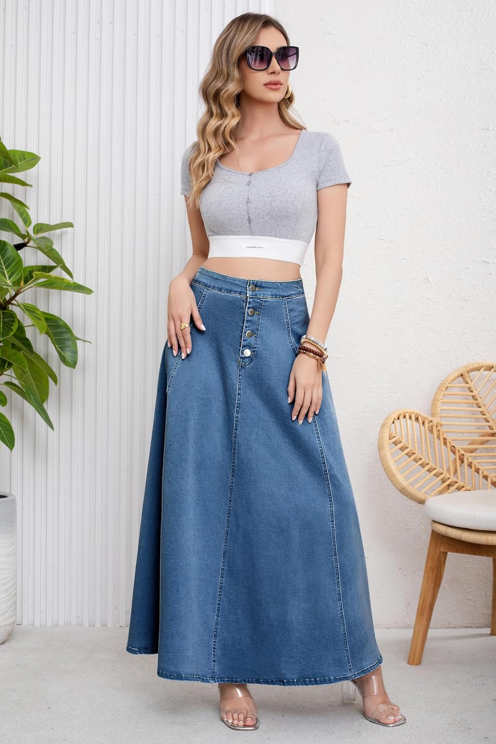 ebossy Women's Retro High Waisted Button Fly Flared Long Jean Skirts Pleated Flowy Swing A-line Denim Maxi Skirts