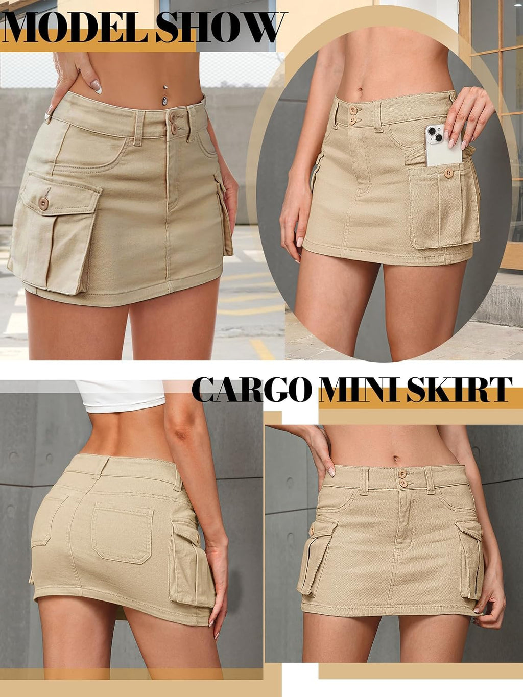 Mancreda Women Denim Mini Skirt Low Rise Y2K Jean Skirts Flap Pockets