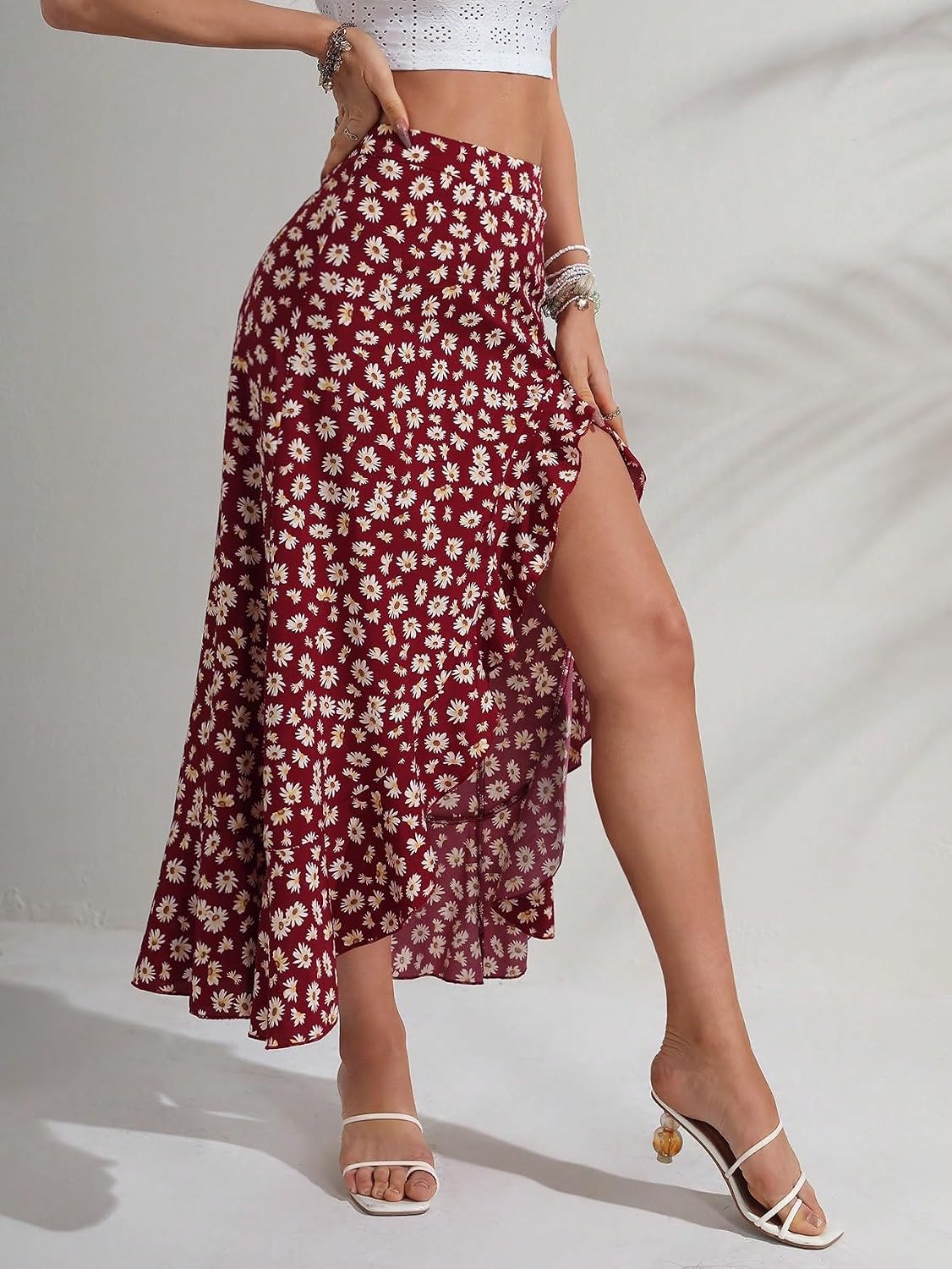 MakeMeChic Women's Boho Floral Skirt Slit Flowy Midi Skirt