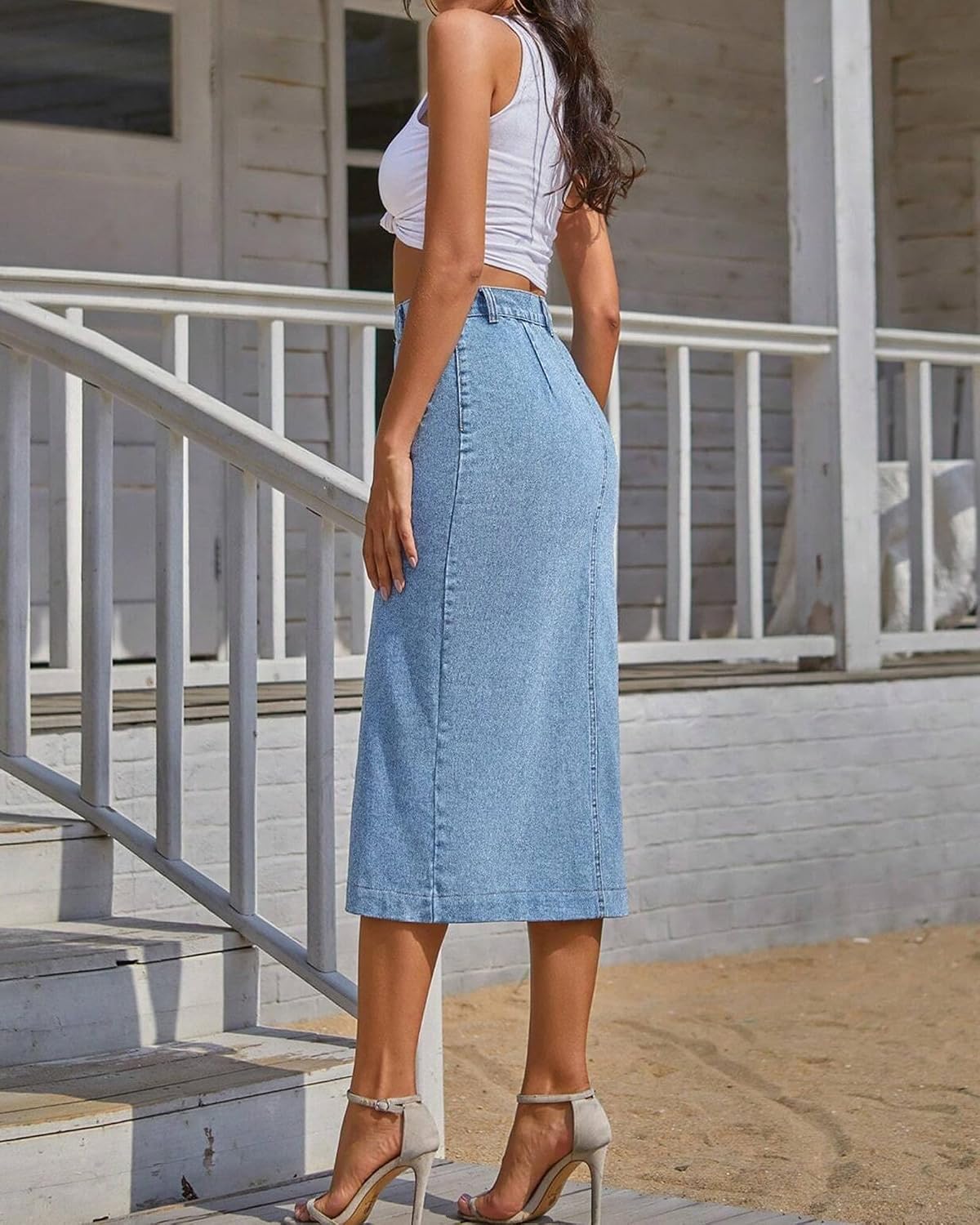 Women's Midi Jeans Skirt Side Slit Denim Skirt