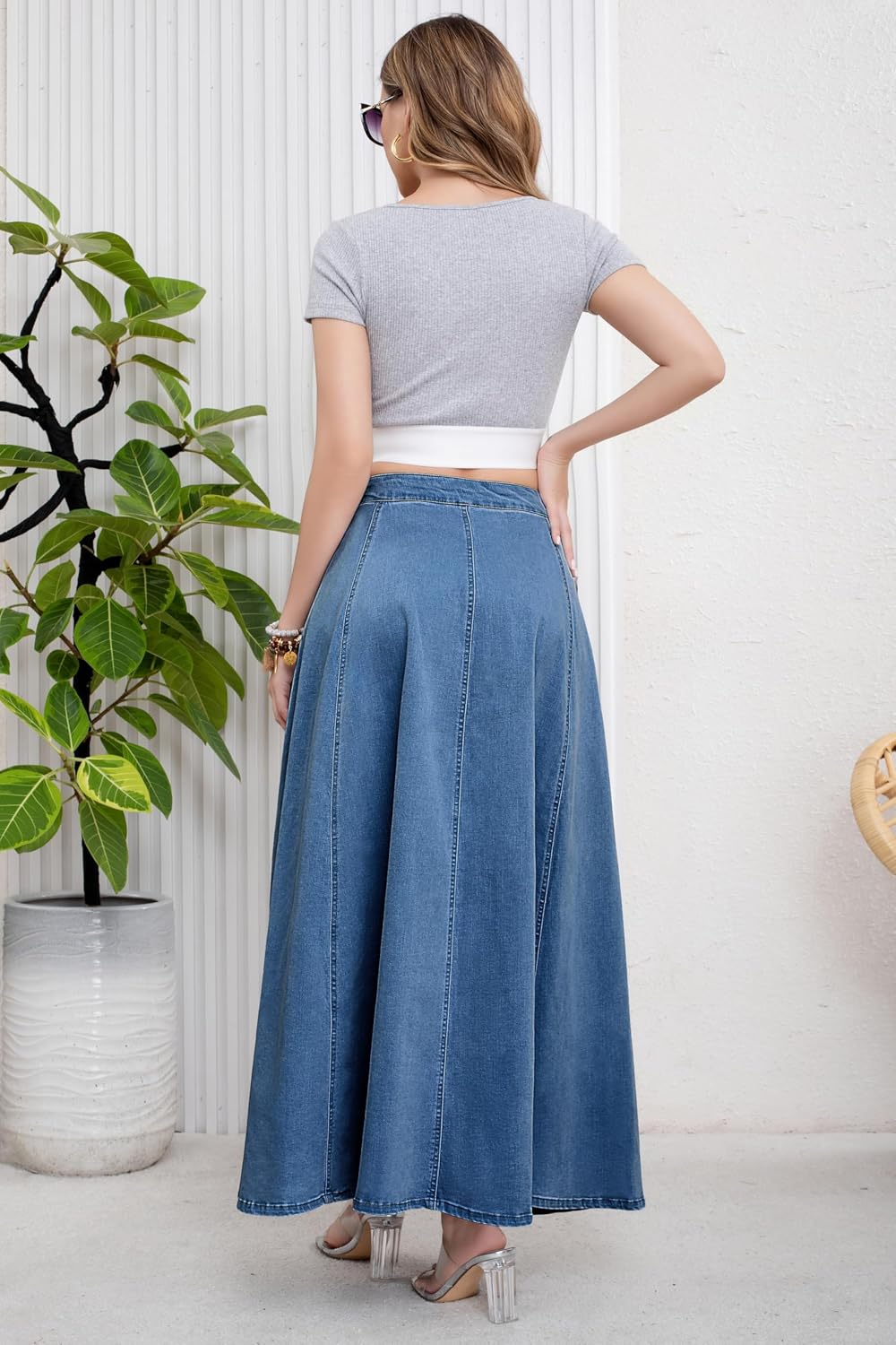 ebossy Women's Retro High Waisted Button Fly Flared Long Jean Skirts Pleated Flowy Swing A-line Denim Maxi Skirts